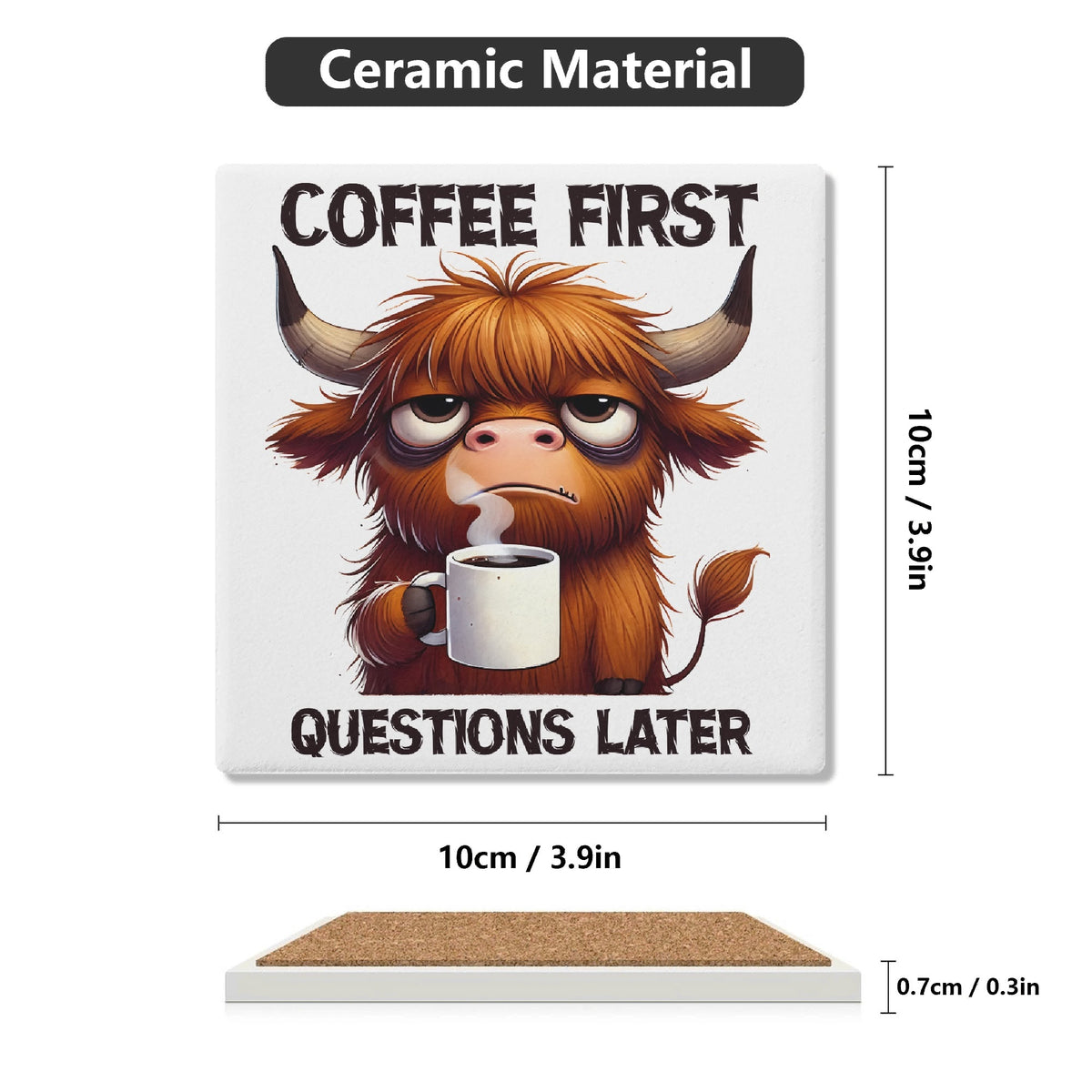 Coffee First Highland Cow Square Ceramic Coasters 4 Pcs Square Ceramic Coaster 4pcs Printed Offshore