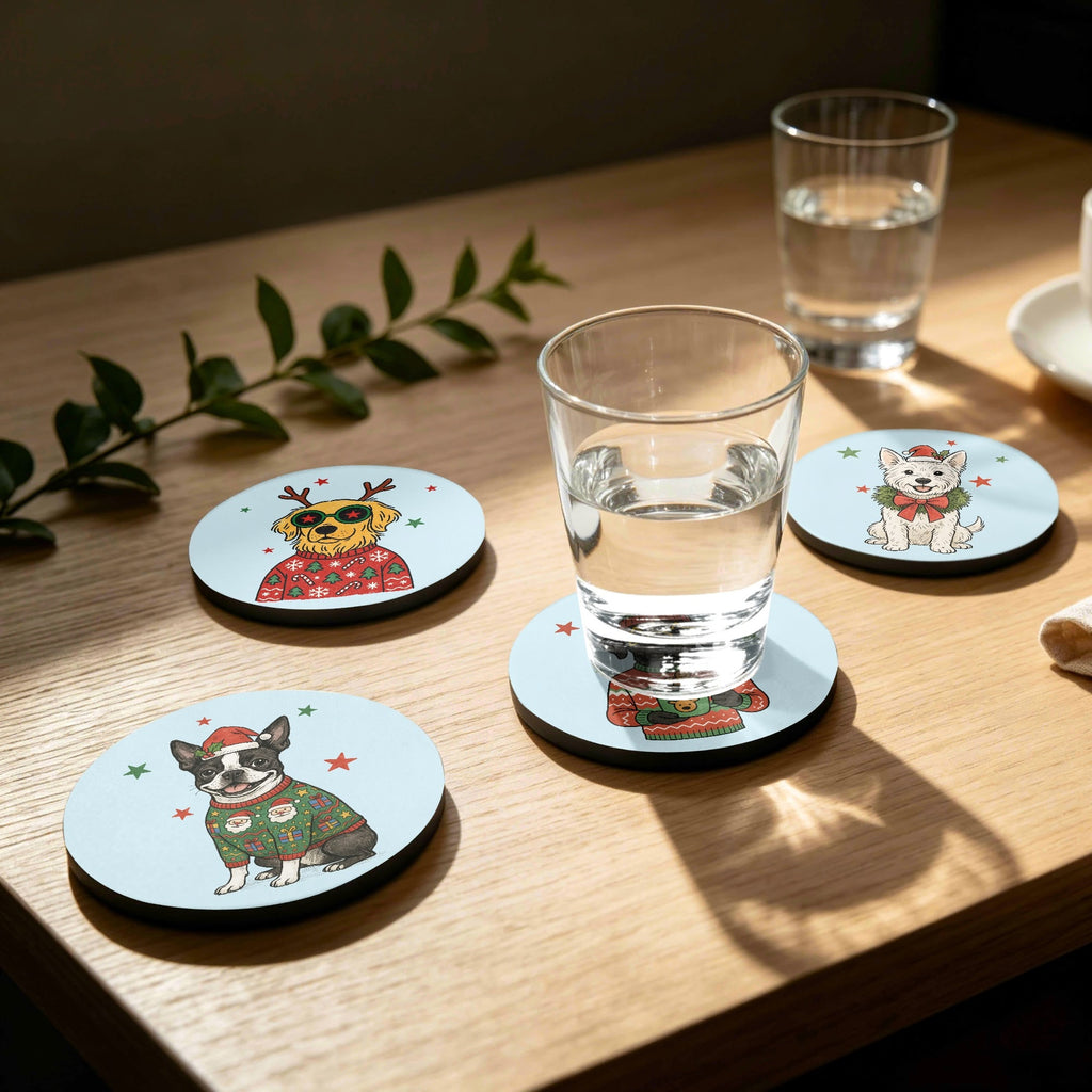 Christmas Dog Mix 1 Round Rubber Drink Coasters Set of 4 Round Rubber Coaster Set Christmas Printed Offshore