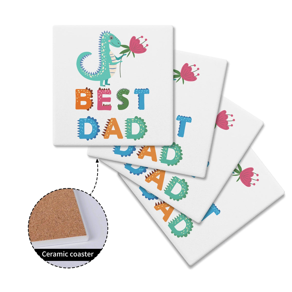 Best Dad Dinosaur Square Ceramic Coasters 4 Pcs Square Ceramic Coaster 4pcs Printed Offshore