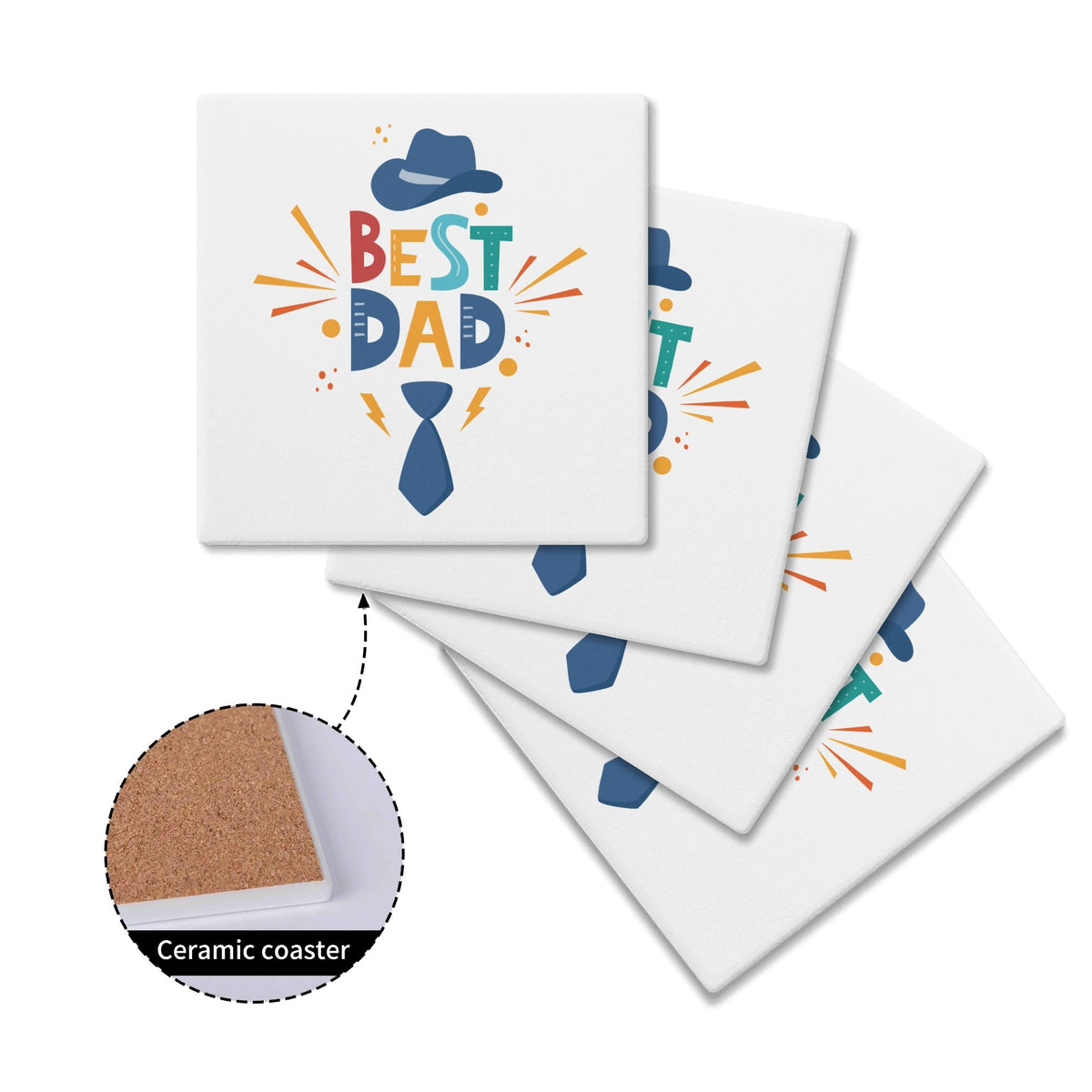 Best Dad Hat And Tie Square Ceramic Coasters 4 Pcs Square Ceramic Coaster 4pcs Printed Offshore
