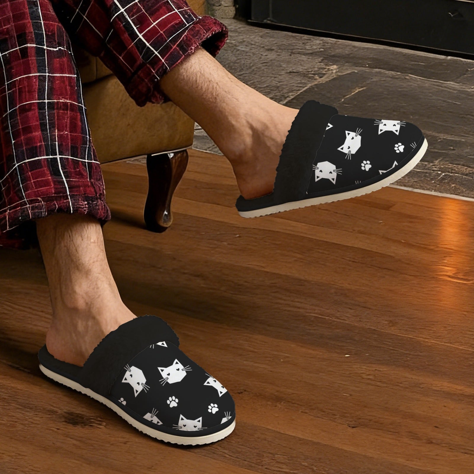Geometric Cat Faces Men's Fur Trim Thick-Sole Indoor Slippers Men's Fur Trimmed Slippers animal Printed Offshore