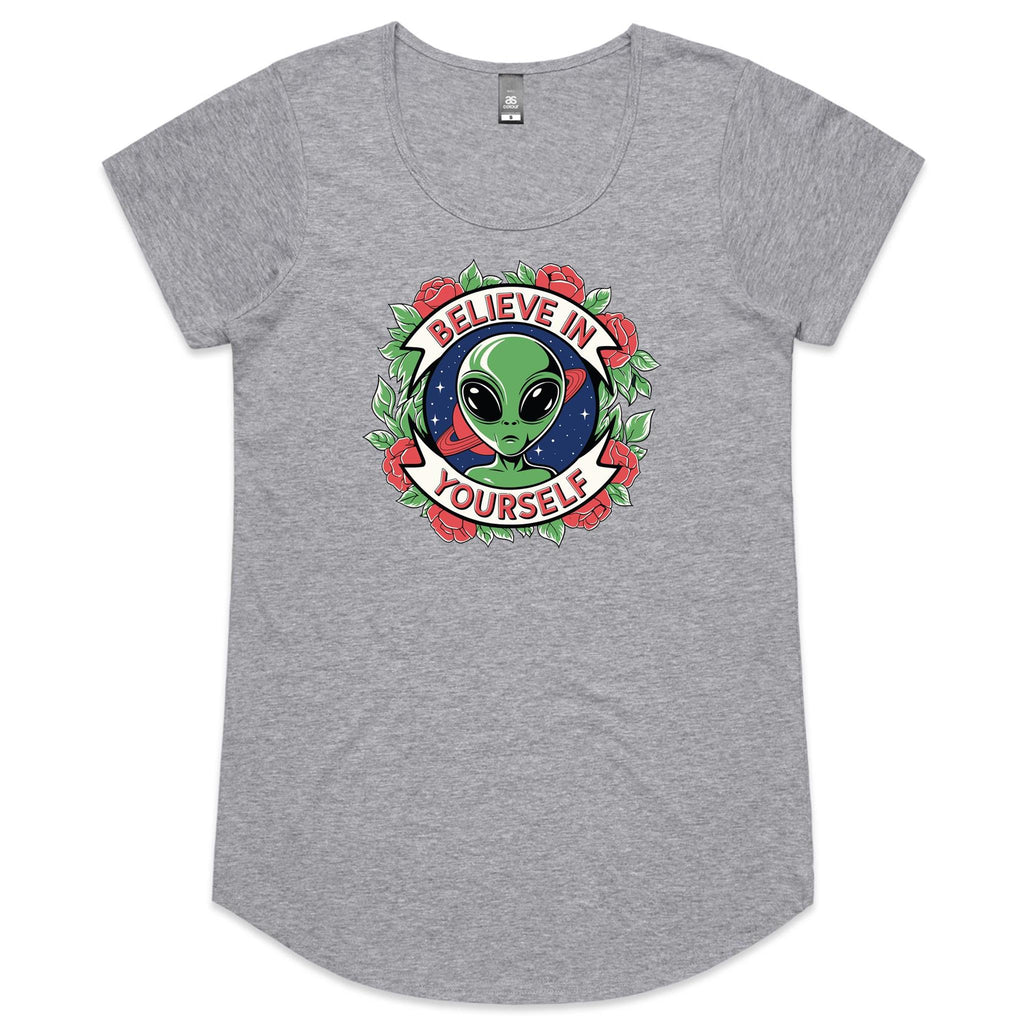Believe In Yourself, Alien - Womens Scoop Neck T-Shirt Grey Marle Womens Scoop Neck T-shirt Motivation Positivity Printed In Australia Sci Fi