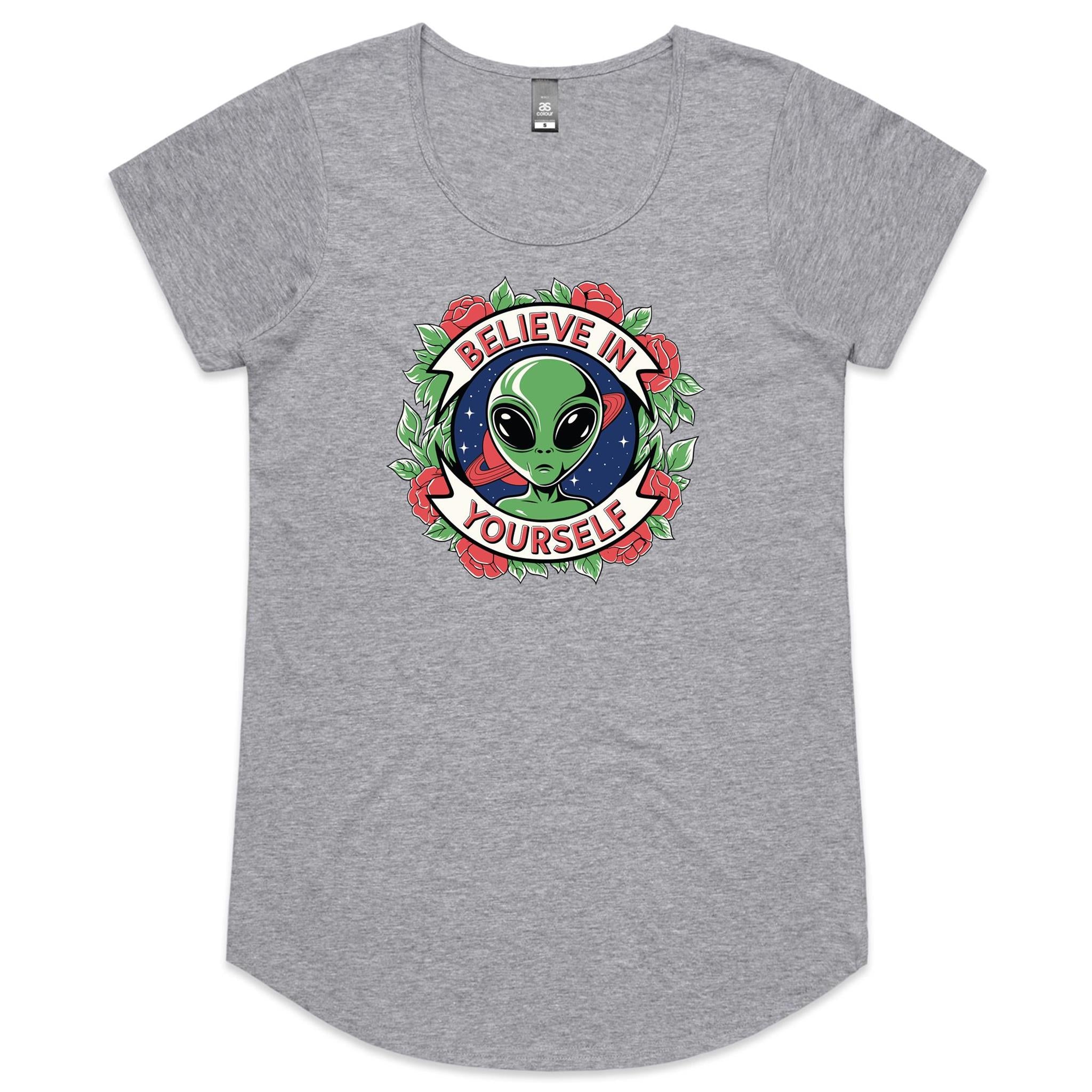 Believe In Yourself, Alien - Womens Scoop Neck T-Shirt Grey Marle Womens Scoop Neck T-shirt Motivation Positivity Printed In Australia Sci Fi