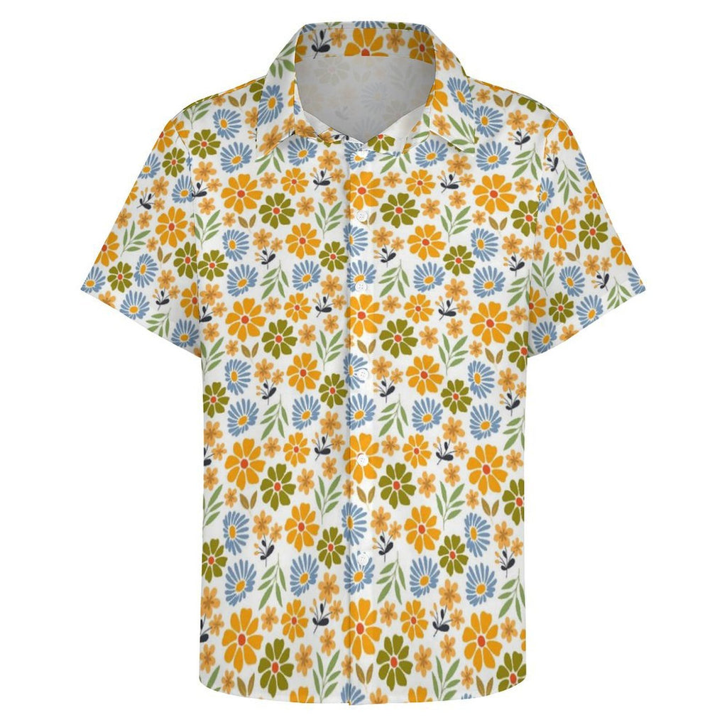 Retro Boho Flower Women's Collared Pocketless Short Sleeve Shirt