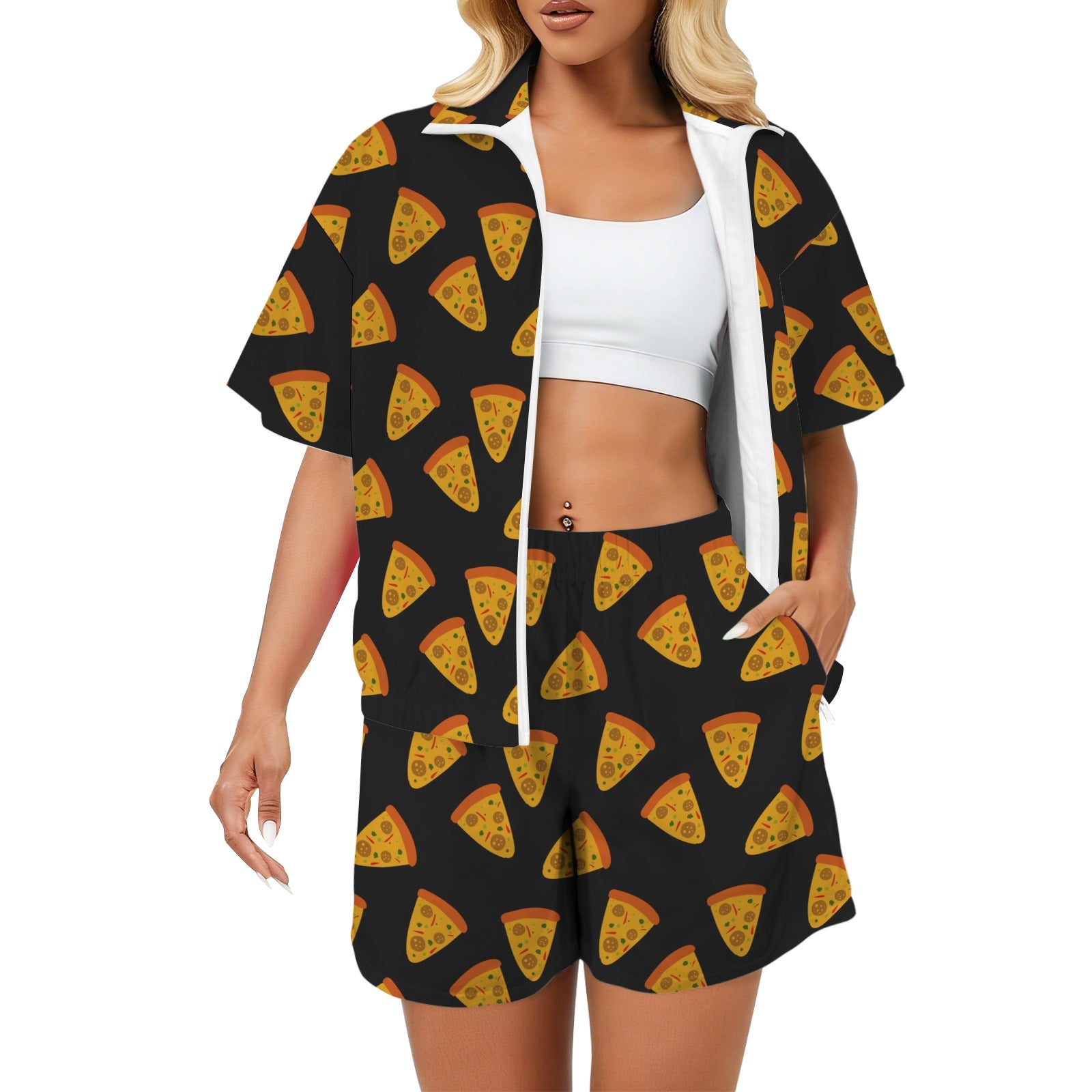 Pizzas Women's Windbreaker Short Set 2XL Women's Windbreaker Short Set Food Printed Offshore