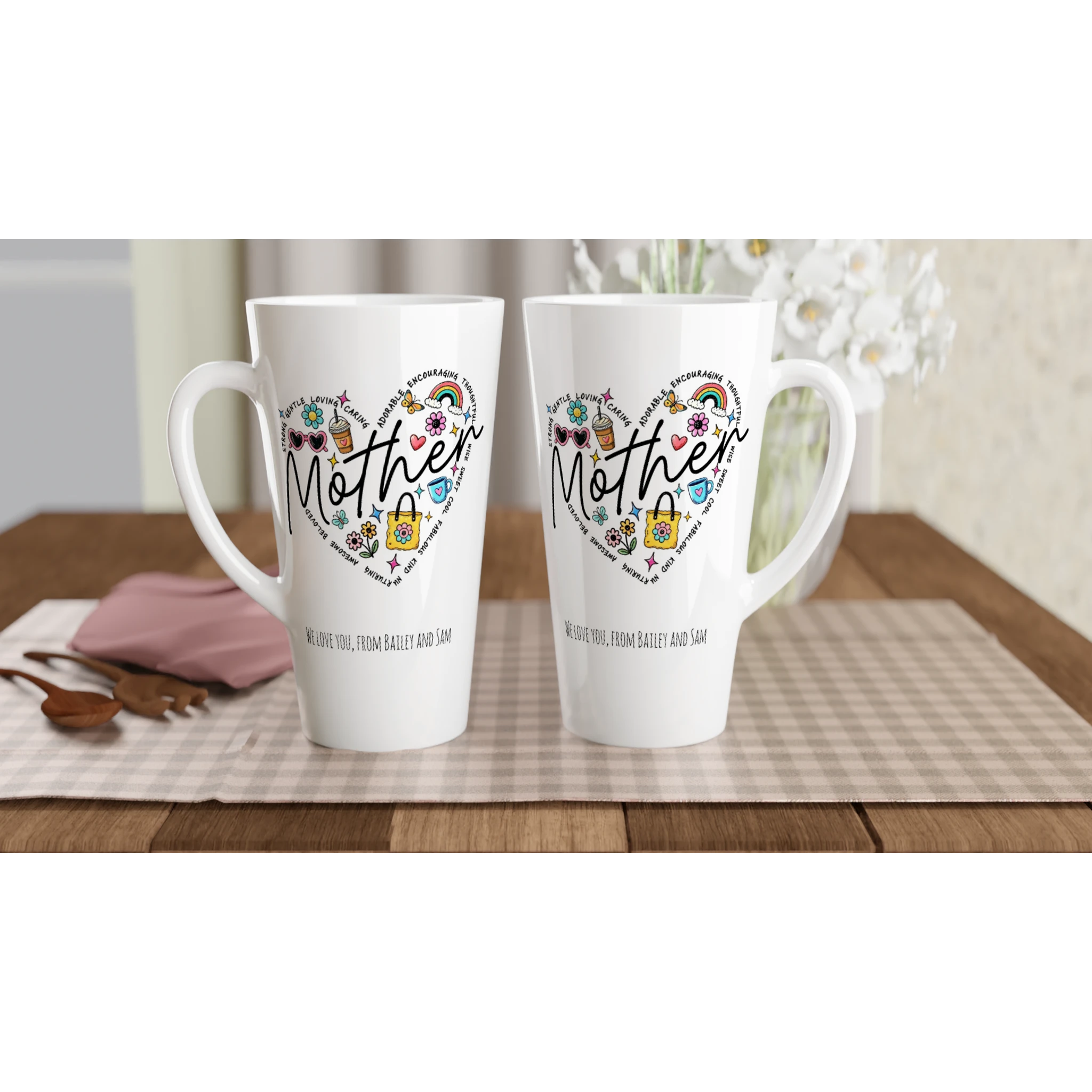 Personalise - Mother Heart Message - White Latte 17oz Ceramic Mug Personalised Latte Mug customise Globally Fulfilled Love Mum Name personalise