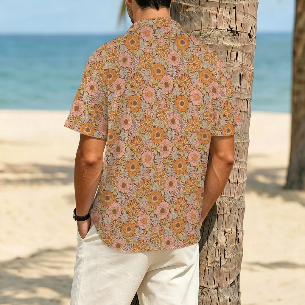 Orange Retro Floral Men's Crinkle Hawaiian Shirt