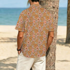 Orange Retro Floral Men's Crinkle Hawaiian Shirt