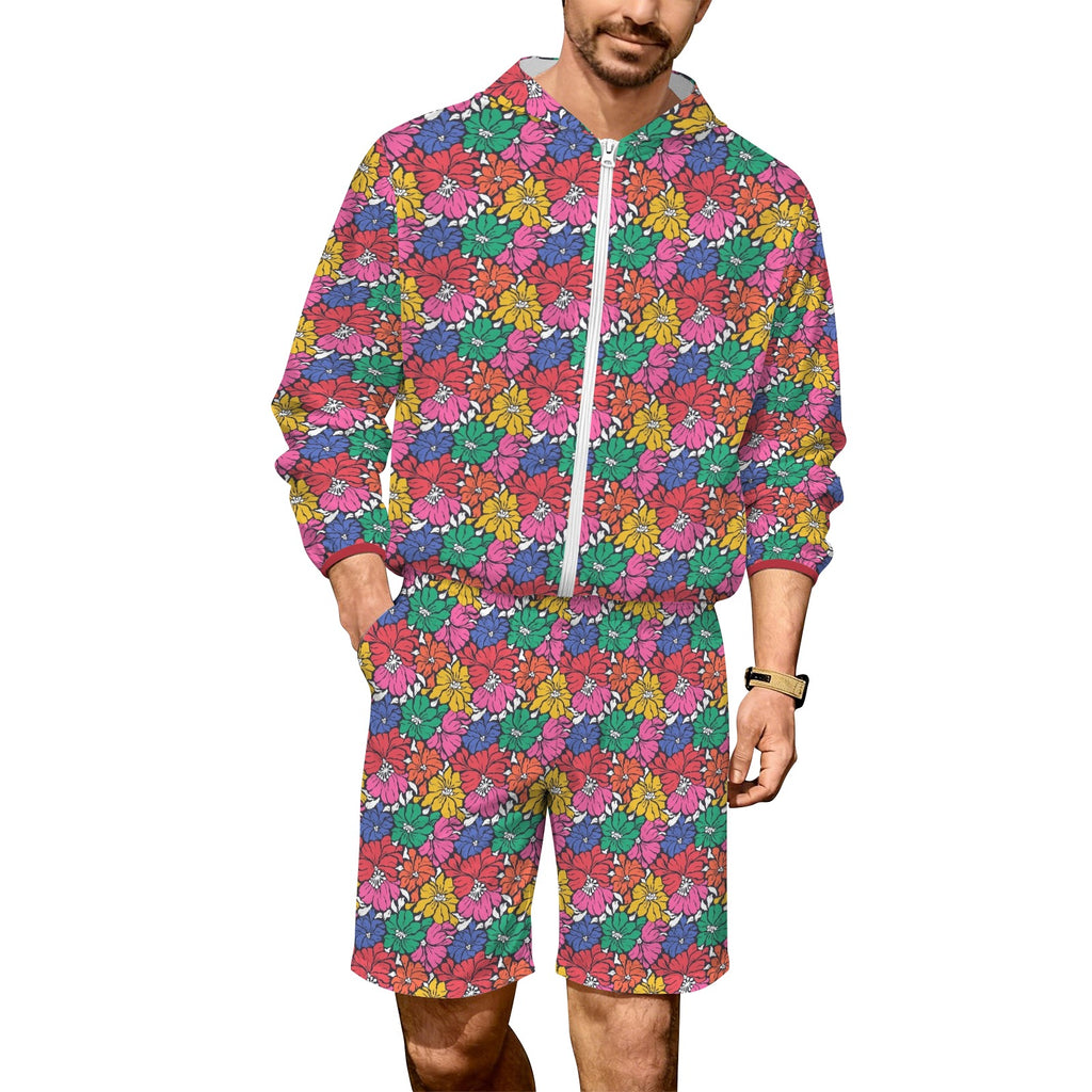 Bright And Bold Flowers Men's Lightweight Sun Hoodie & Shorts Set 4XL Men's Lightweight Sun Hoodie & Shorts Plants Printed Offshore