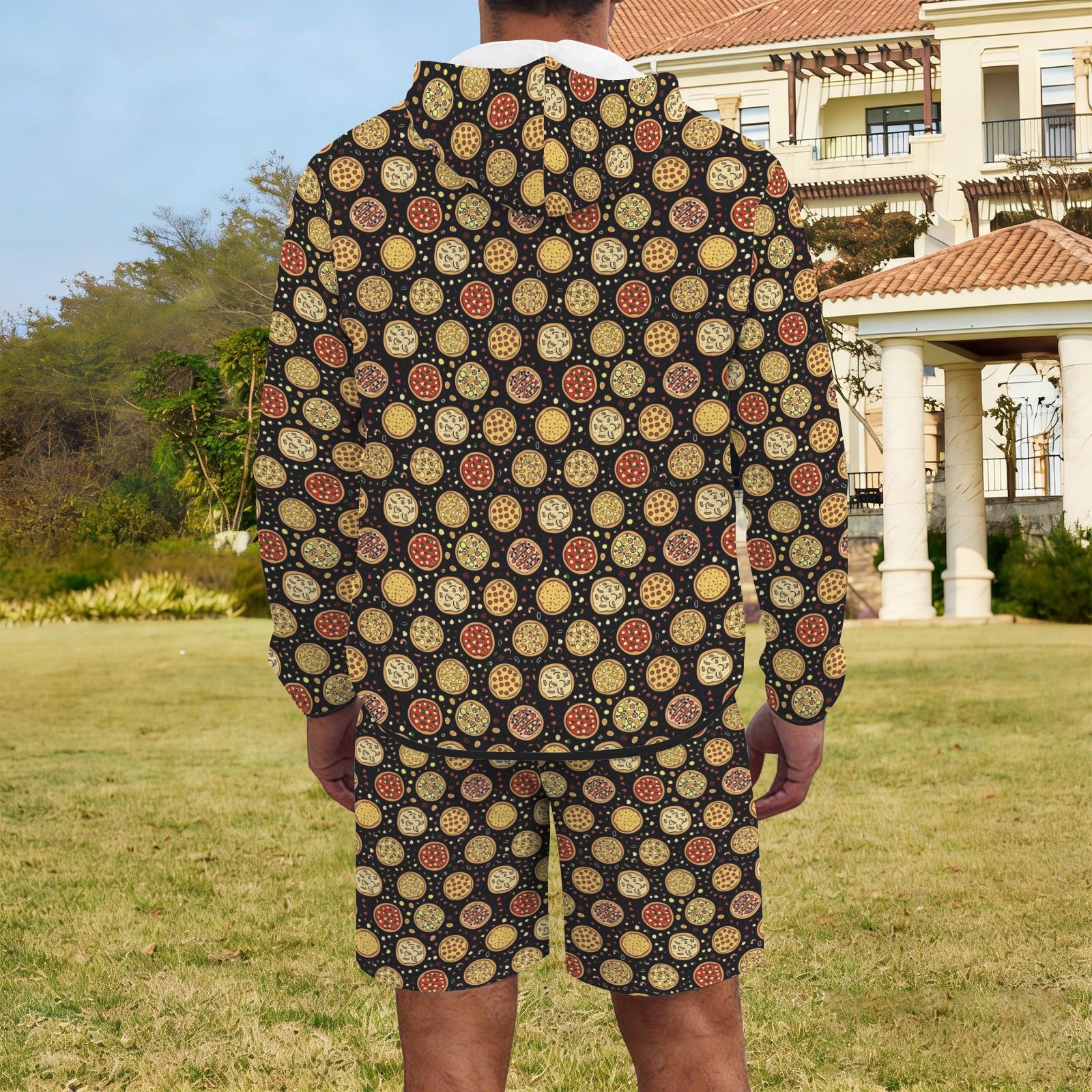 Round Pizzas On Black Men's Lightweight Sun Hoodie & Shorts Set Men's Lightweight Sun Hoodie & Shorts Food Printed Offshore