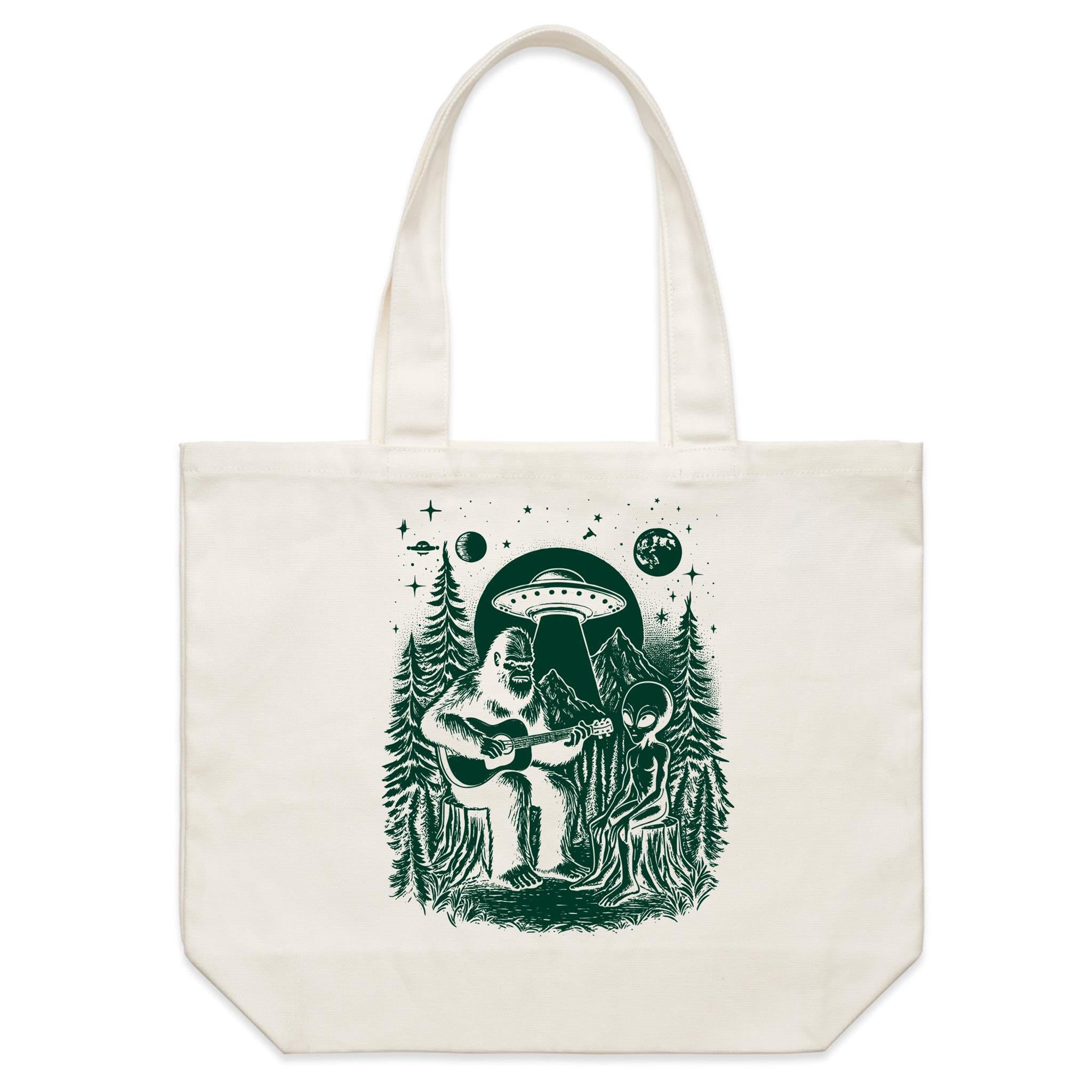 Alien And Bigfoot Playing Guitar - Shoulder Canvas Tote Bag Default Title Large Tote Bag Music Printed In Australia Sci Fi