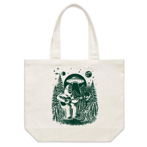 Alien And Bigfoot Playing Guitar - Shoulder Canvas Tote Bag Default Title Large Tote Bag Music Printed In Australia Sci Fi