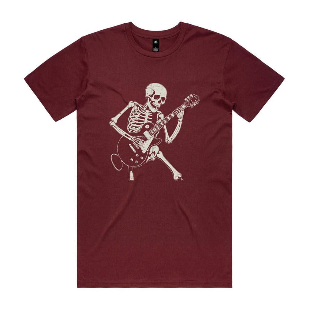 Skeleton Playing Guitar Men's AS Colour T-shirt Burgundy Mens T-shirt Music Printed In Australia
