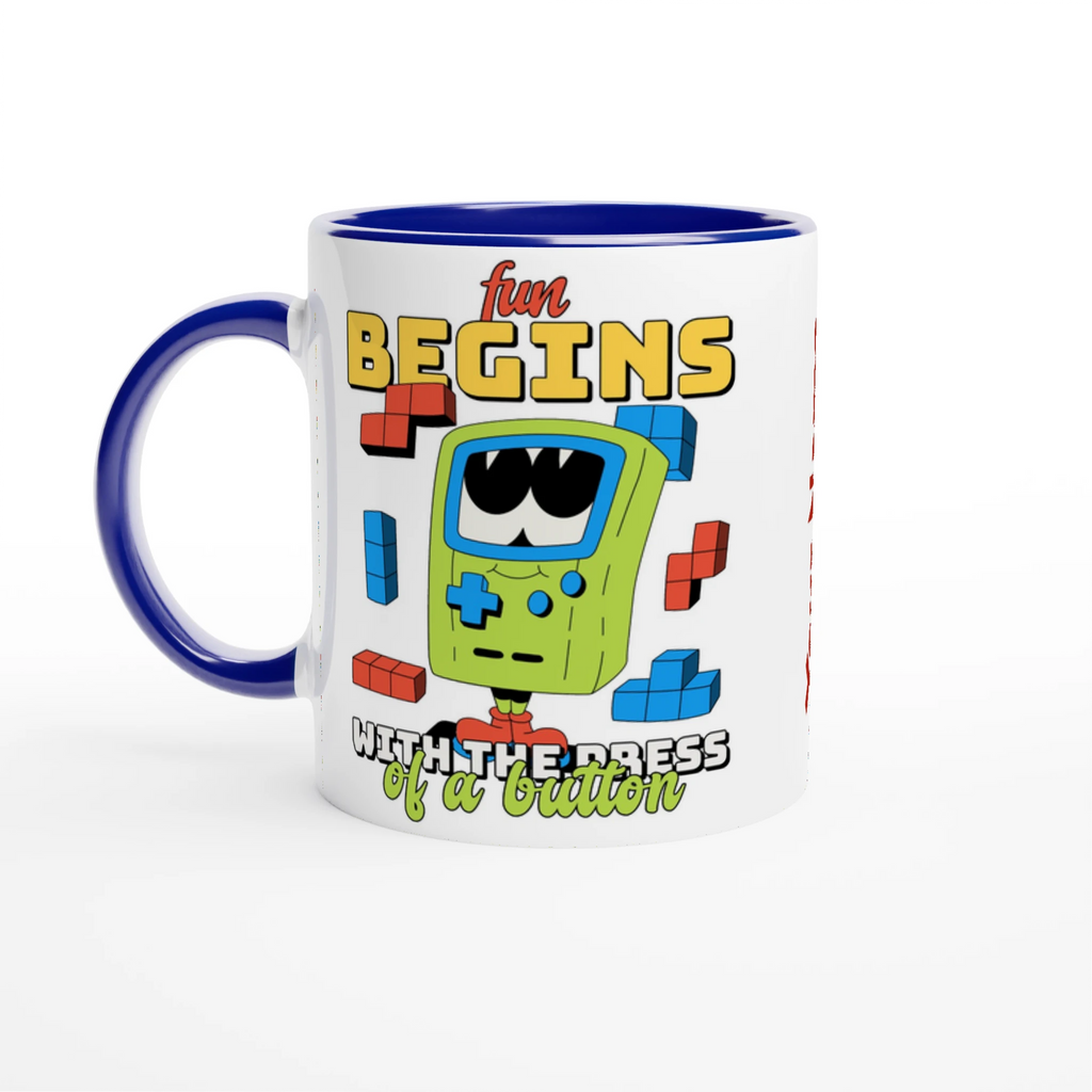 Personalised - Fun Begins With The Press Of A Button - White 11oz Ceramic Mug White 11oz Ceramic Mug with Color Inside Ceramic Blue Personalised 11oz Mug customise Games Globally Fulfilled personalise