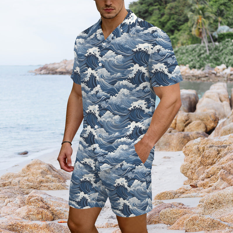 Japanese Waves Men's Hawaiian Shirt & Shorts Set Men's Hawaiian Shirt & Shorts Set Ocean Printed Offshore