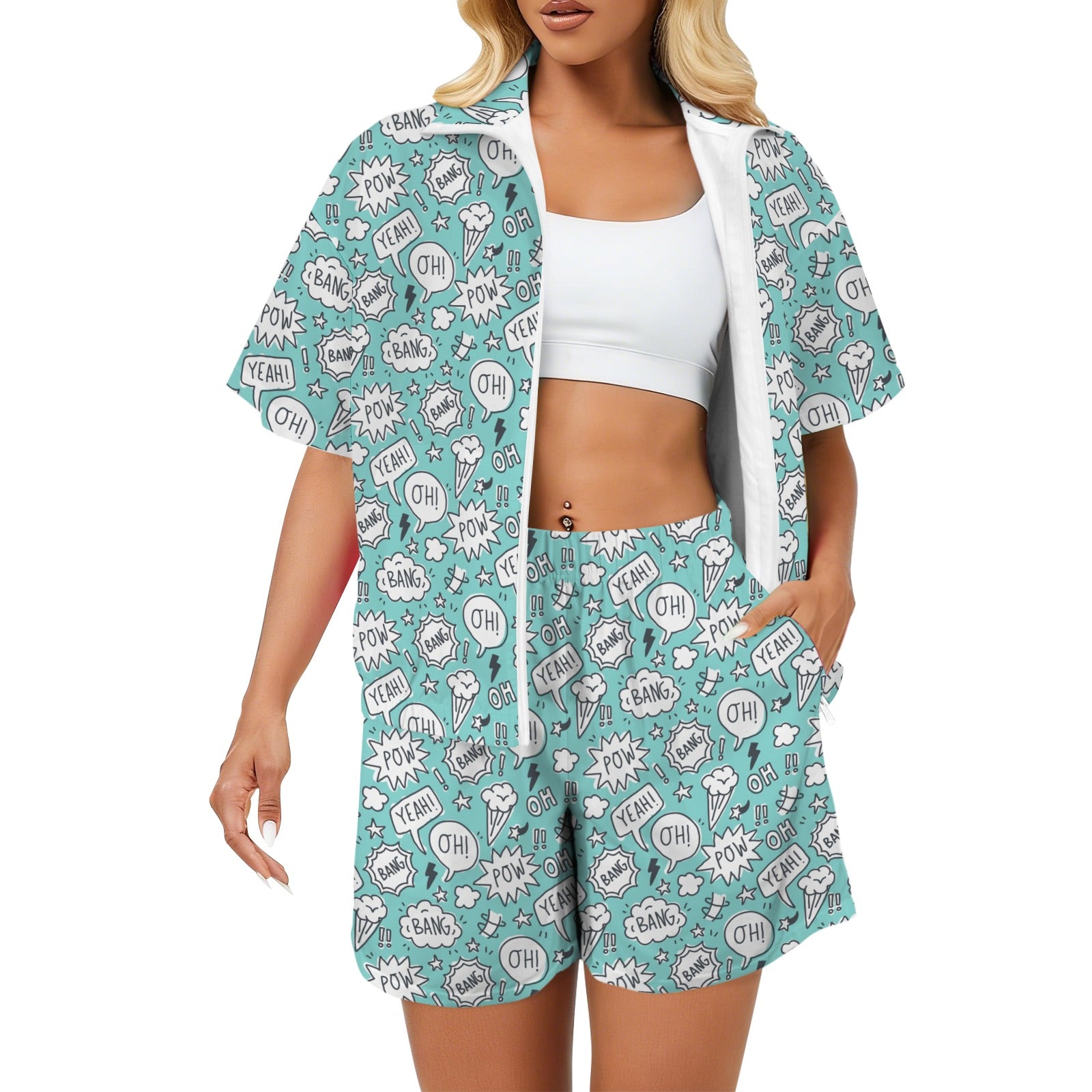 Comic Book Speech Bubbles Women's Windbreaker Short Set 2XL Women's Windbreaker Short Set comic Printed Offshore