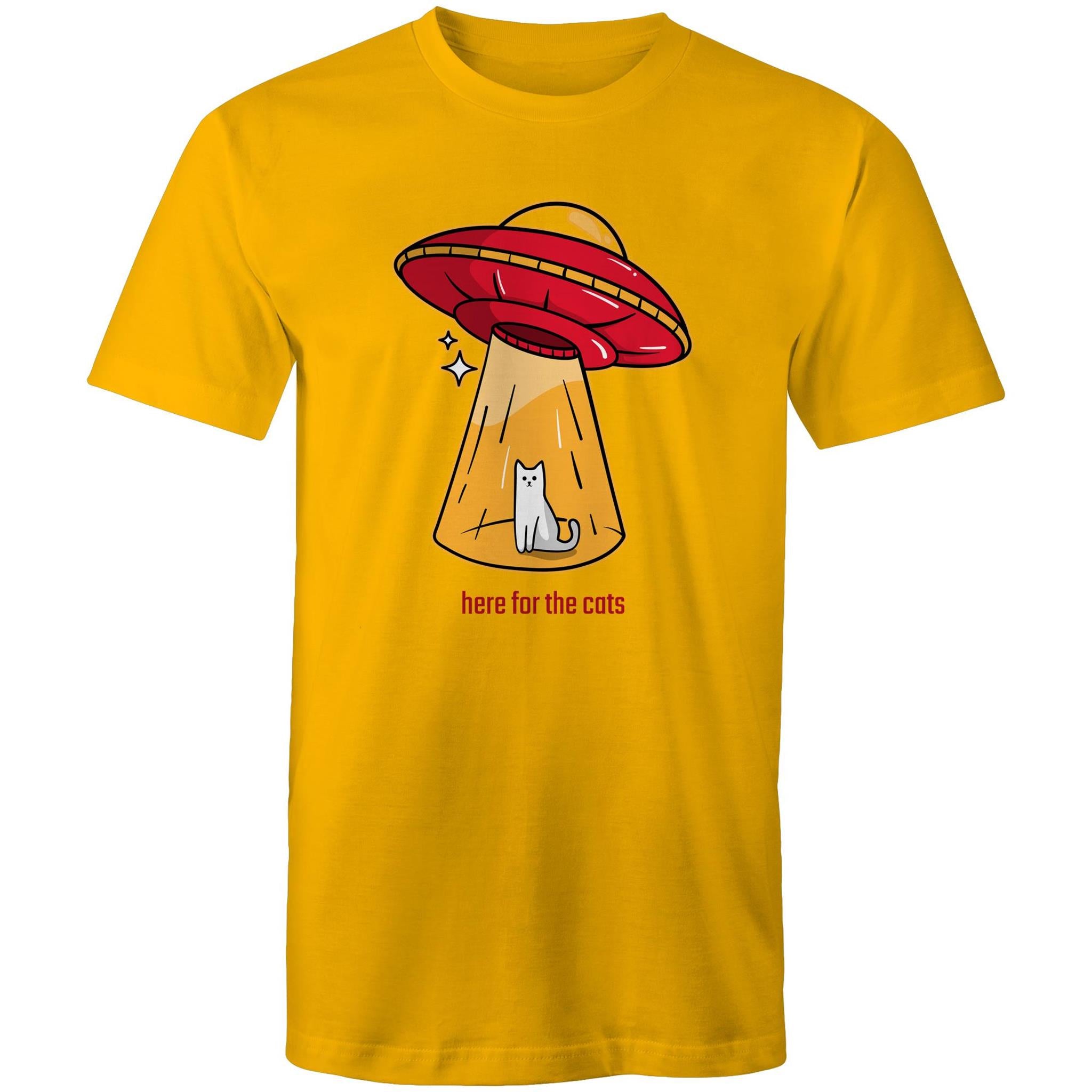 Here For The Cats, UFO - Mens T-Shirt Gold Mens T-shirt animal Printed In Australia Sci Fi
