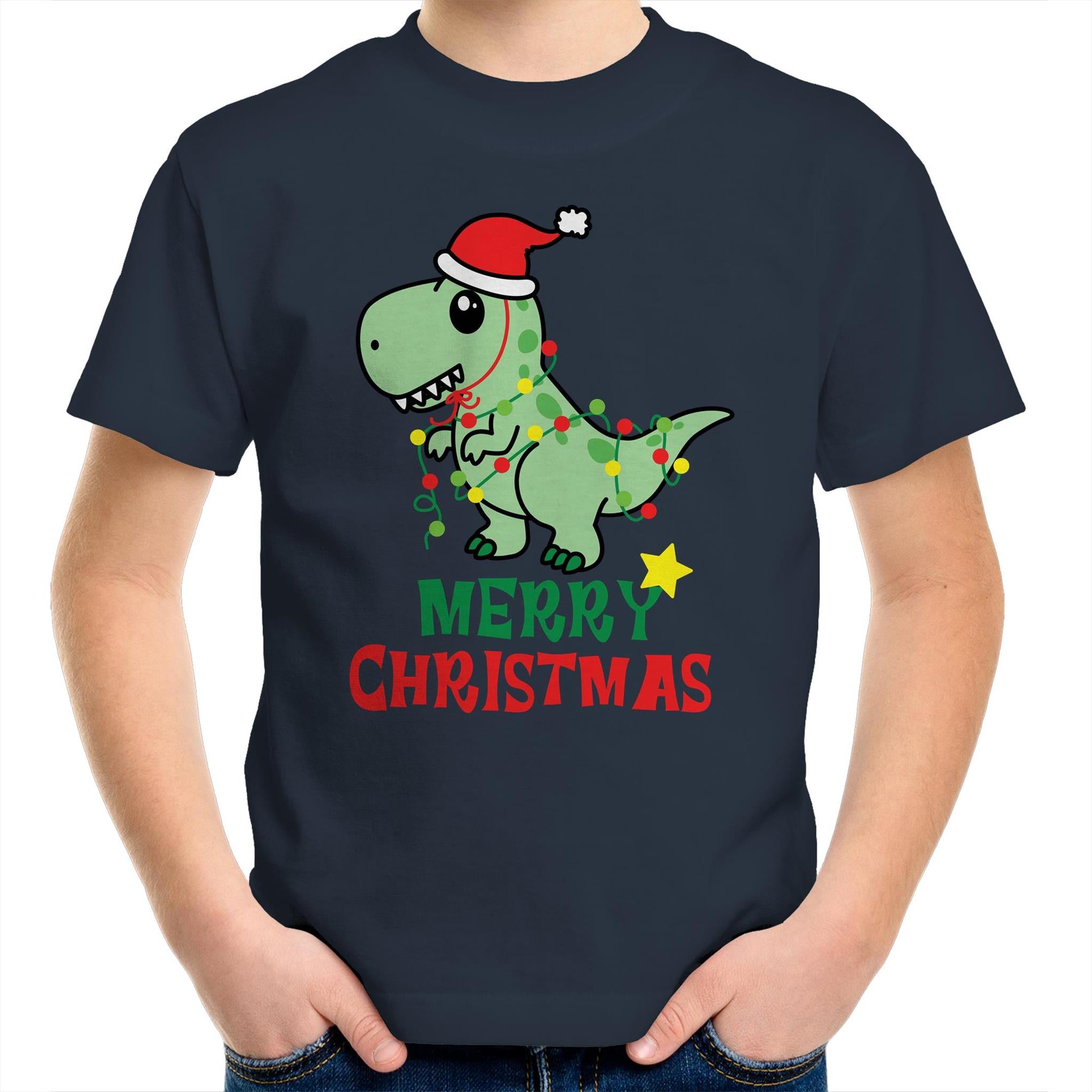Dinosaur Santa, Merry Christmas - Kids Youth T-Shirt Navy Kids Christmas T-shirt Christmas Printed In Australia