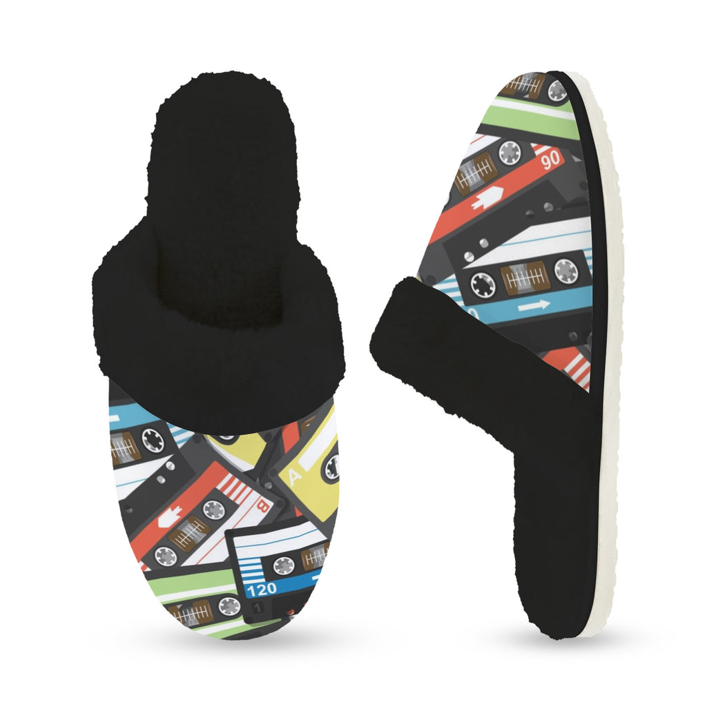 Cassette Tapes Women's Fur Trim Thick-Sole Indoor Slippers Women's Fur Trimmed Slippers Music Printed Offshore Retro