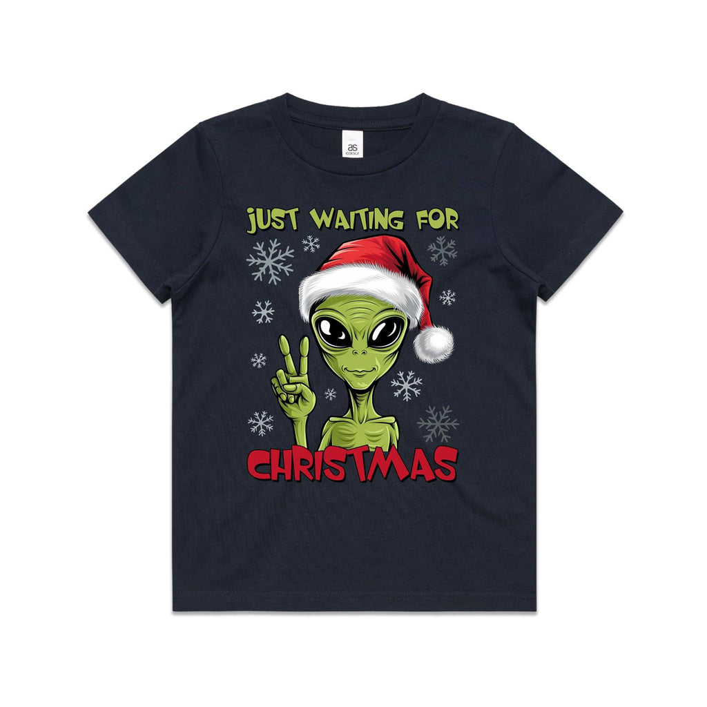 Just Waiting For Christmas, Alien - Kids Youth T-shirt Navy Kids Christmas T-shirt Christmas Printed In Australia
