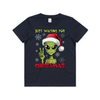 Just Waiting For Christmas, Alien - Kids Youth T-shirt Navy Kids Christmas T-shirt Christmas Printed In Australia