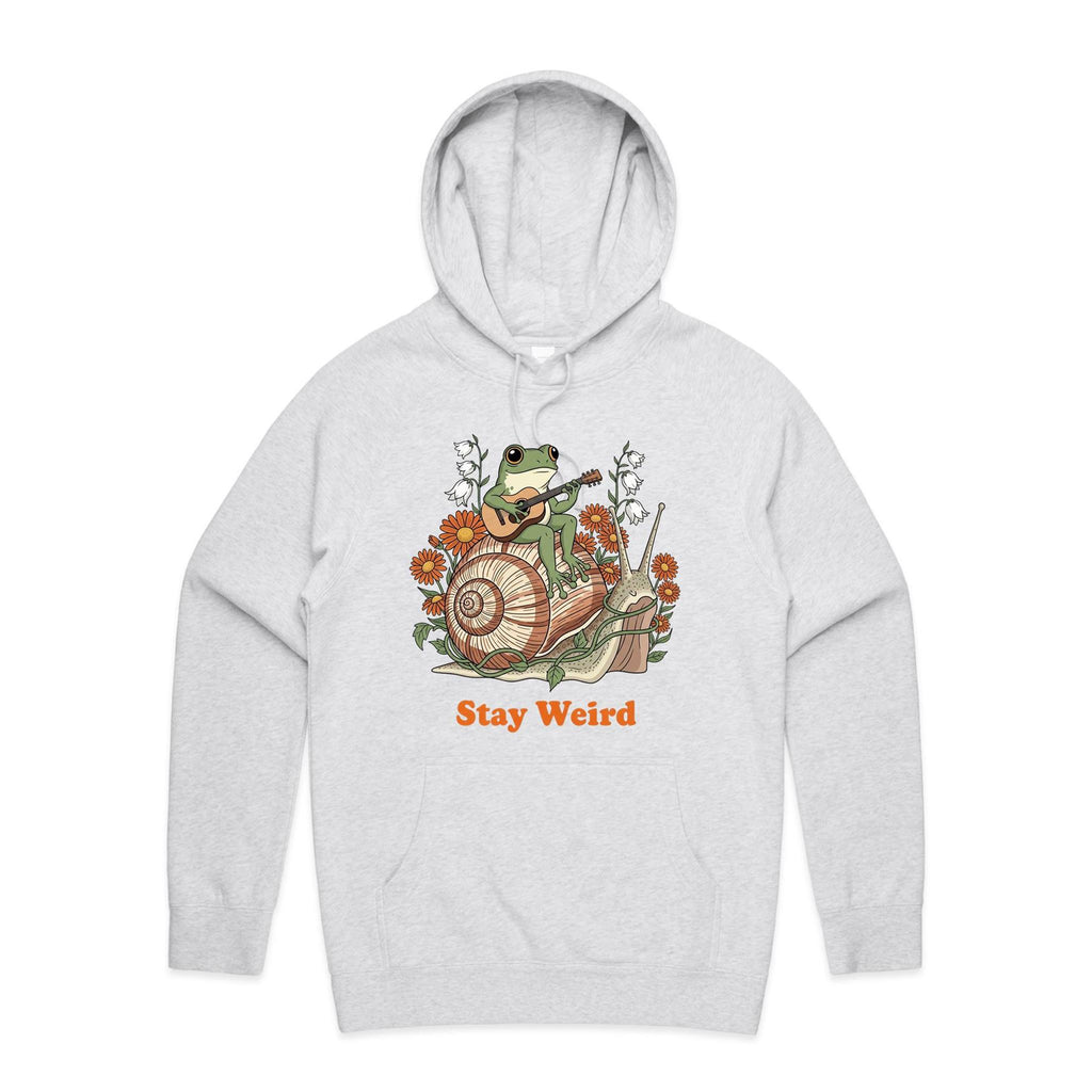 Stay Weird, Guitar Playing Frog On A Snail Men's AS Colour Hoodie White Marle Mens Hoodie animal Music Printed In Australia