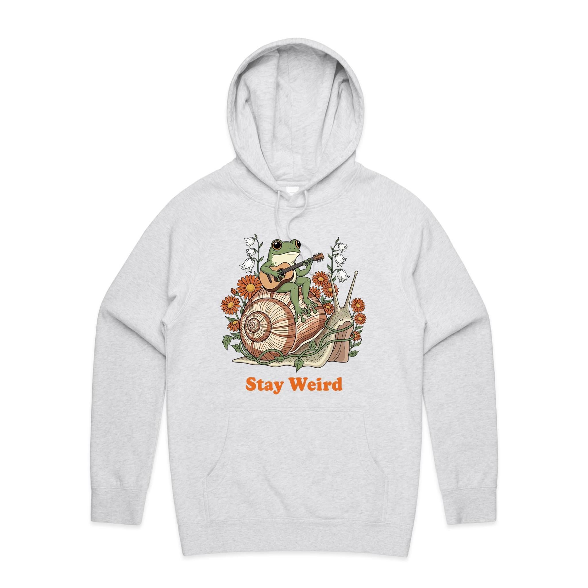 Stay Weird, Guitar Playing Frog On A Snail Men's AS Colour Hoodie White Marle Mens Hoodie animal Music Printed In Australia