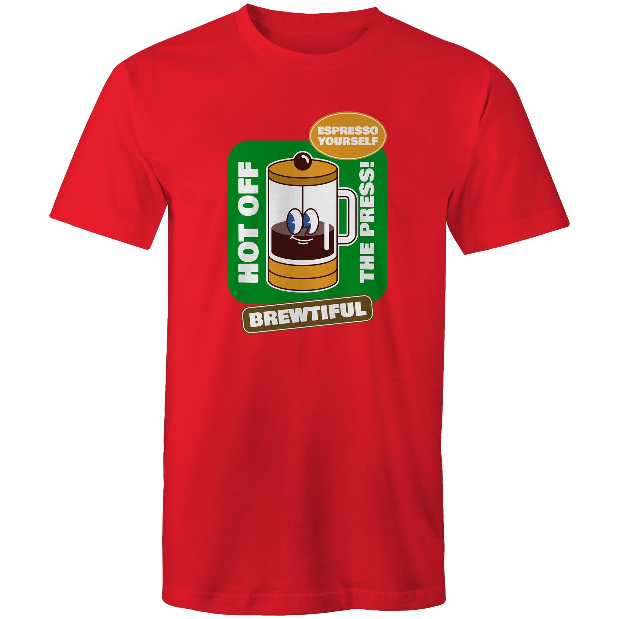 Brewtiful, Coffee Plunger, Espresso Yourself - Mens T-Shirt Red Mens T-shirt Coffee Printed In Australia