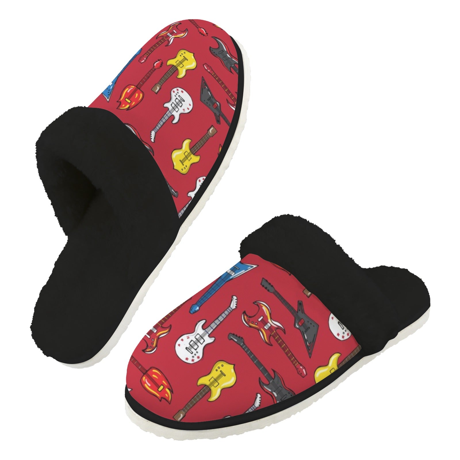 Guitars On Red Men's Fur Trim Thick-Sole Indoor Slippers 2XL Men's Fur Trimmed Slippers Music Printed Offshore