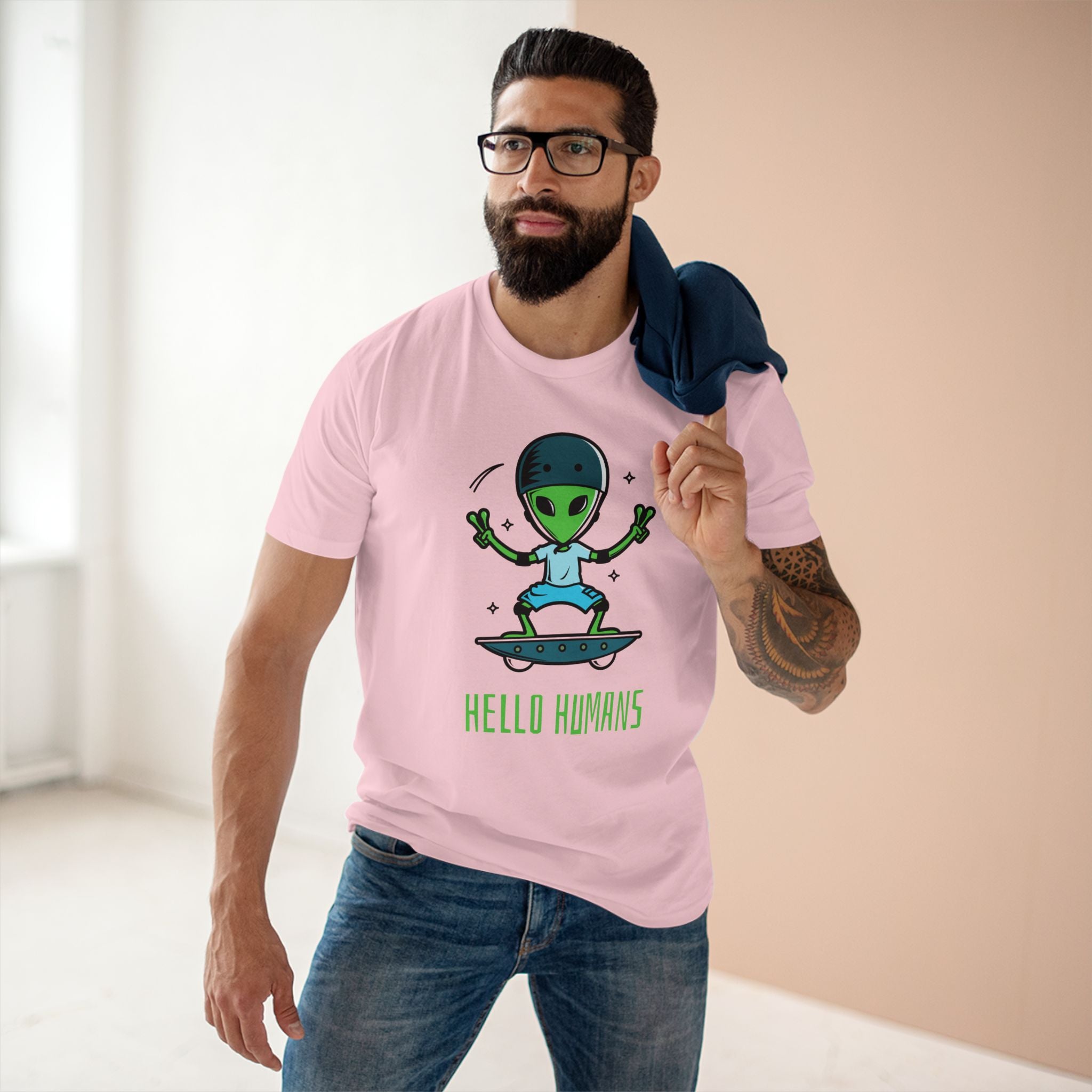 Hello Humans, Alien Skateboard - Men's Staple Tee Pink Mens Premium T-Shirt Printed in AU and US Sci Fi