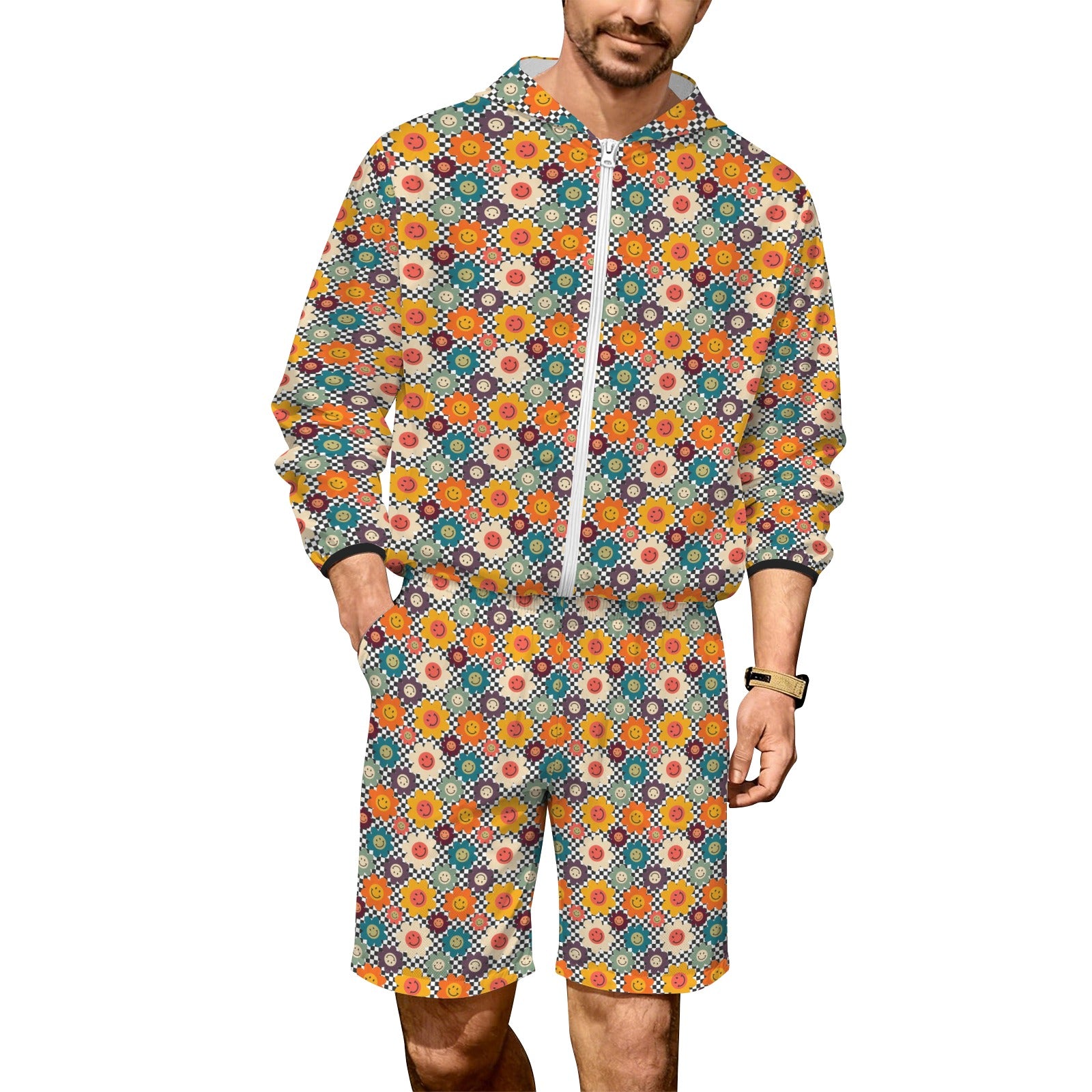 Happy Retro Flowers Men's Lightweight Sun Hoodie & Shorts Set 4XL Men's Lightweight Sun Hoodie & Shorts Printed Offshore Retro