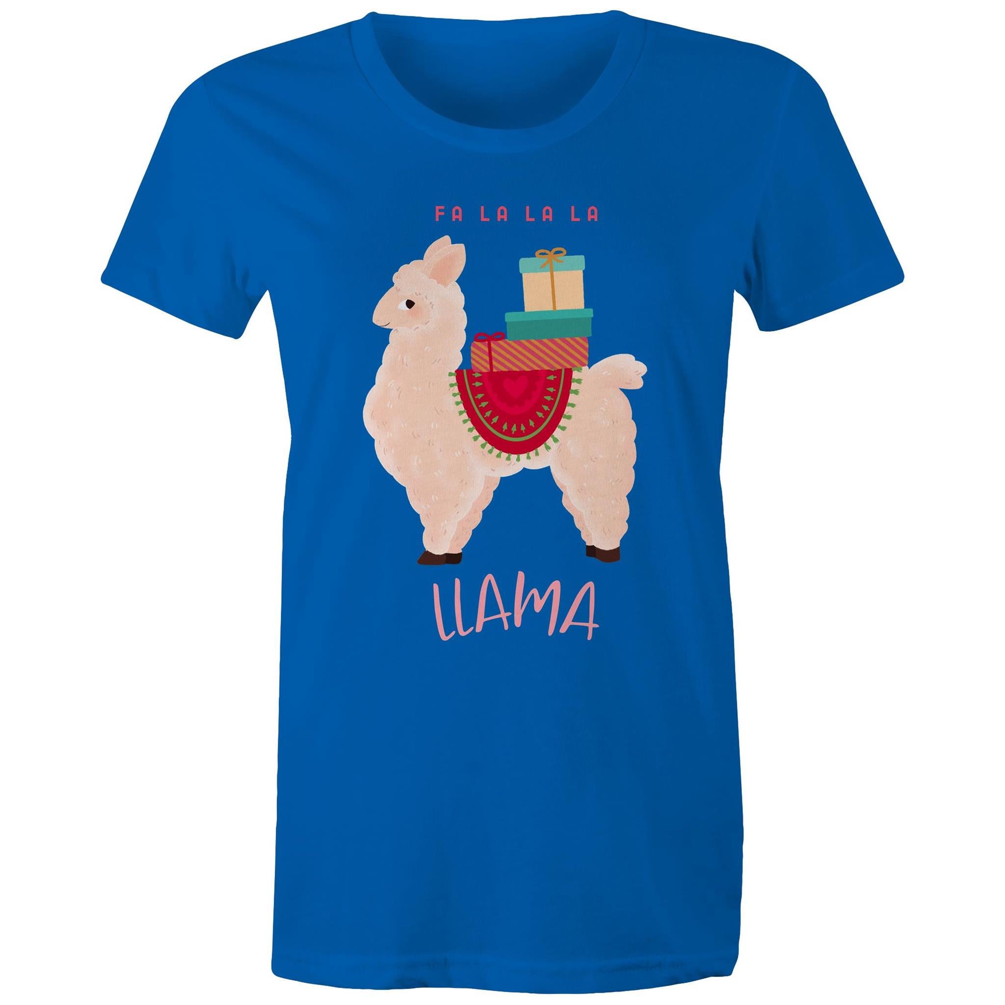 Fa La La La Llama, Christmas - Womens T-shirt Bright Royal Womens Christmas T-shirt Christmas Printed In Australia