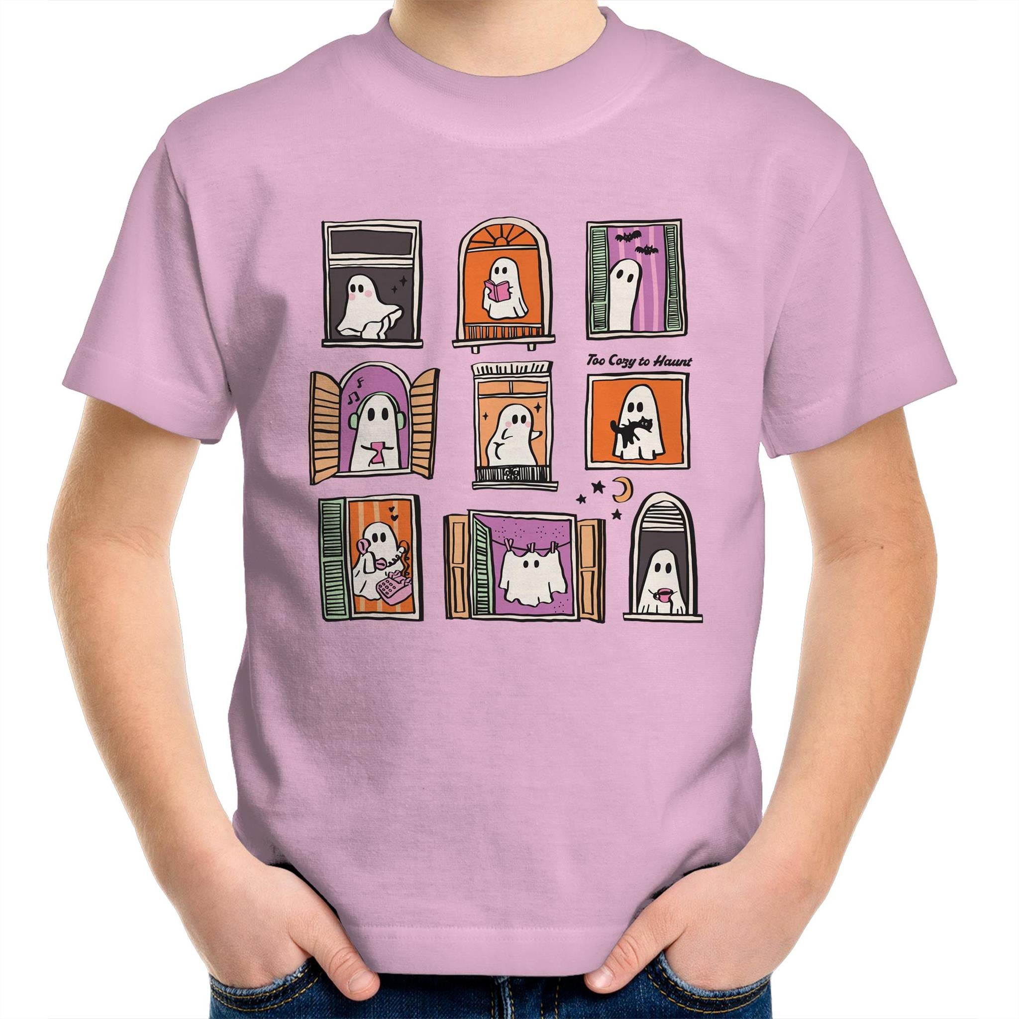 Ghosts In Windows - Kids Youth T-Shirt Pink Kids Youth T-shirt Halloween Printed In Australia