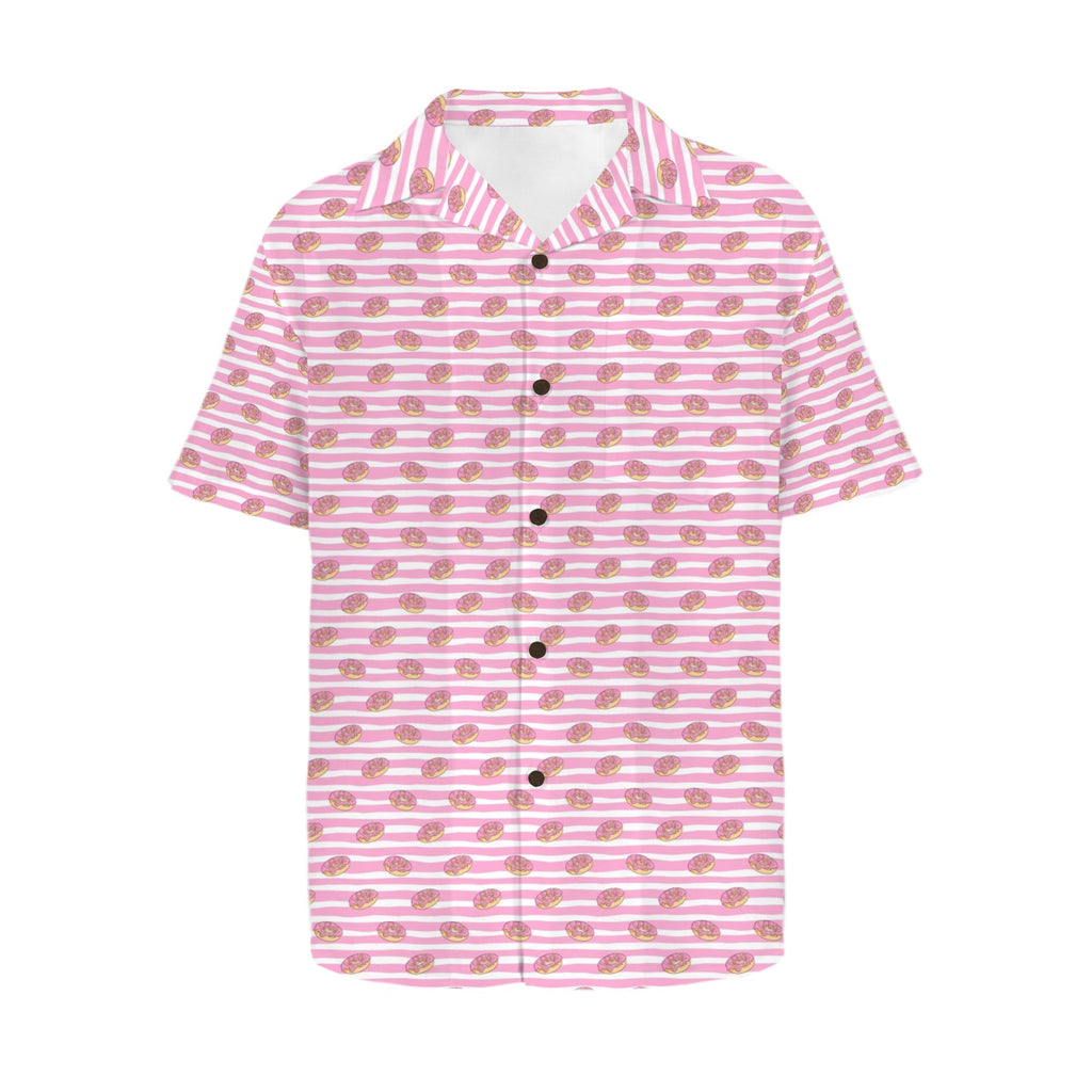 Pink Donut Stripes Men's Short Sleeve Hawaiian Shirt Men's Hawaiian Shirt (New) Food Printed Offshore