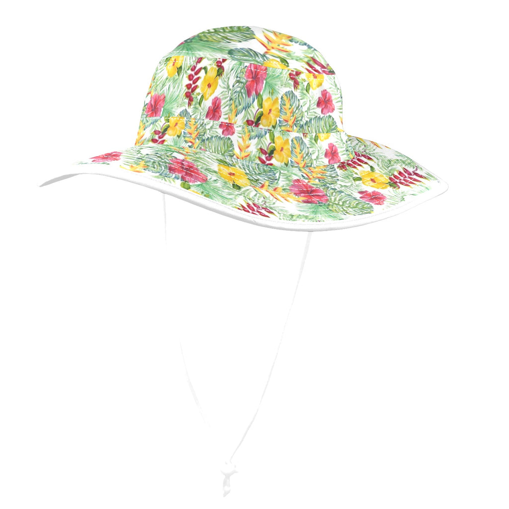 Tropical Flowers On White Wide Brim Bucket Hat Wide Brim Bucket Hat Plants Printed Offshore