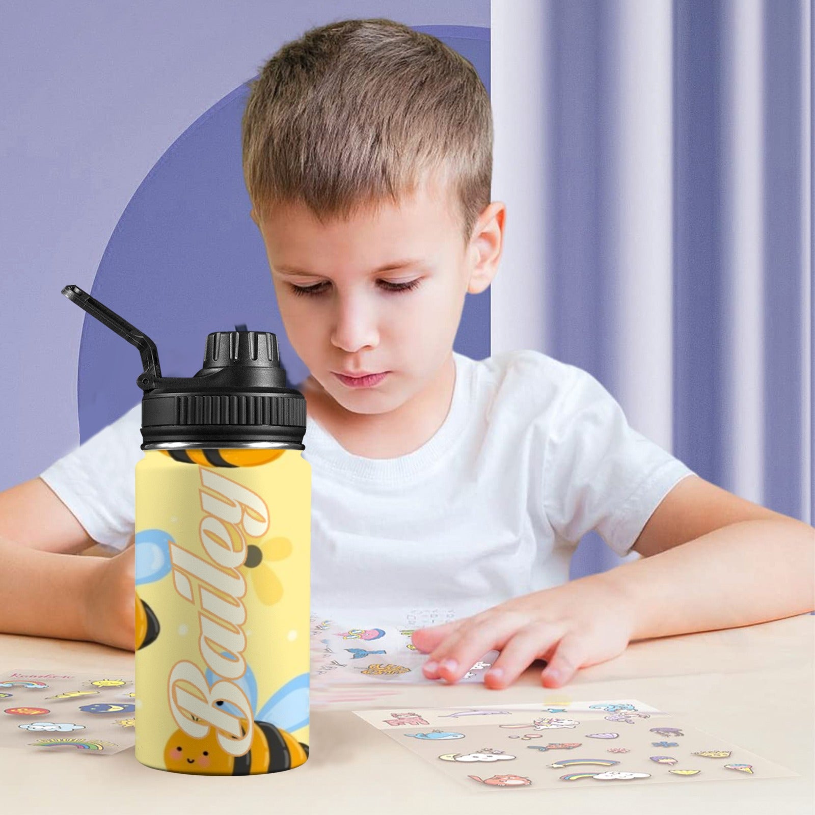 Personalised - Bright Bees - Kids Stainless Steel Water Bottle