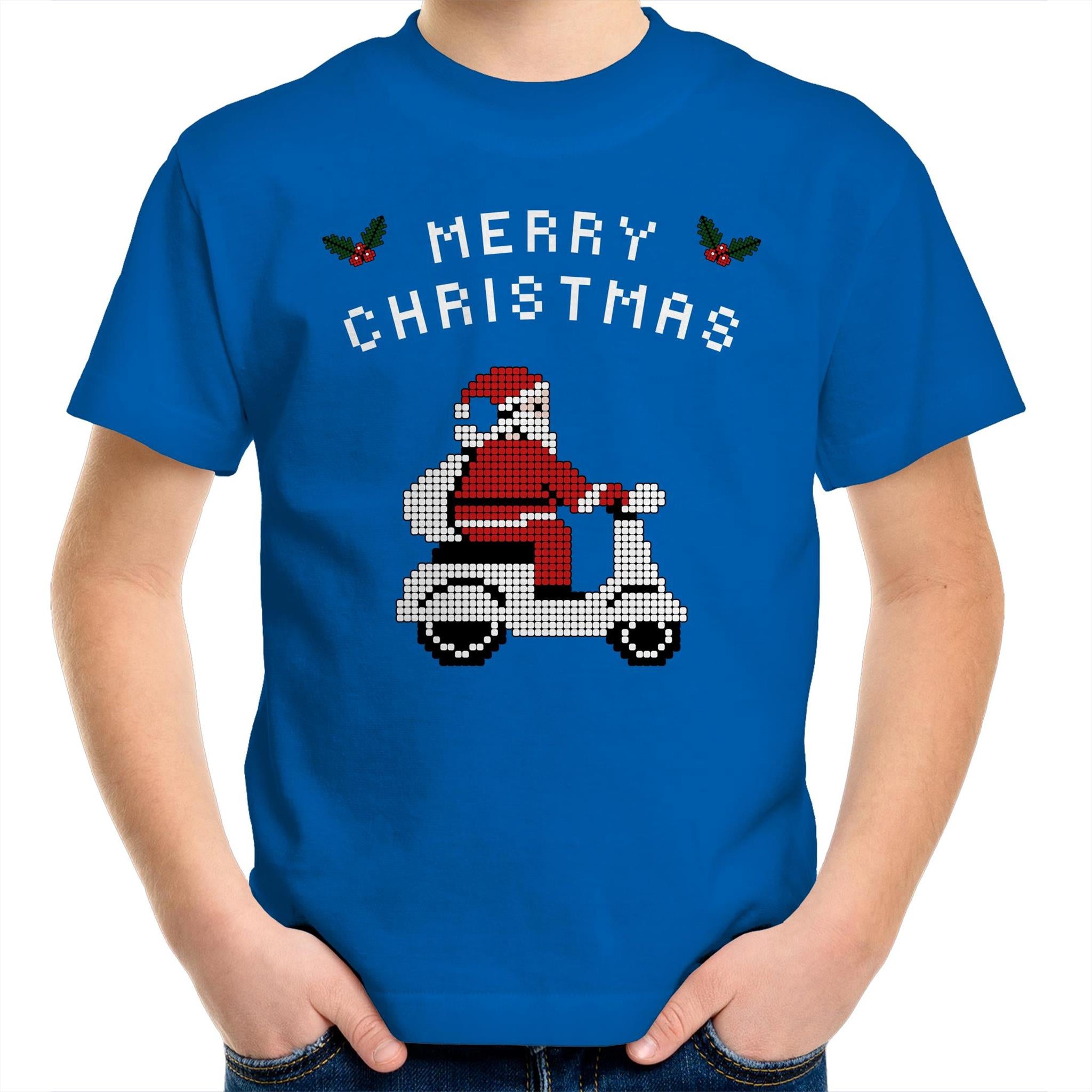 Scooter Santa - Kids Youth T-Shirt Bright Royal Kids Christmas T-shirt Christmas Printed In Australia