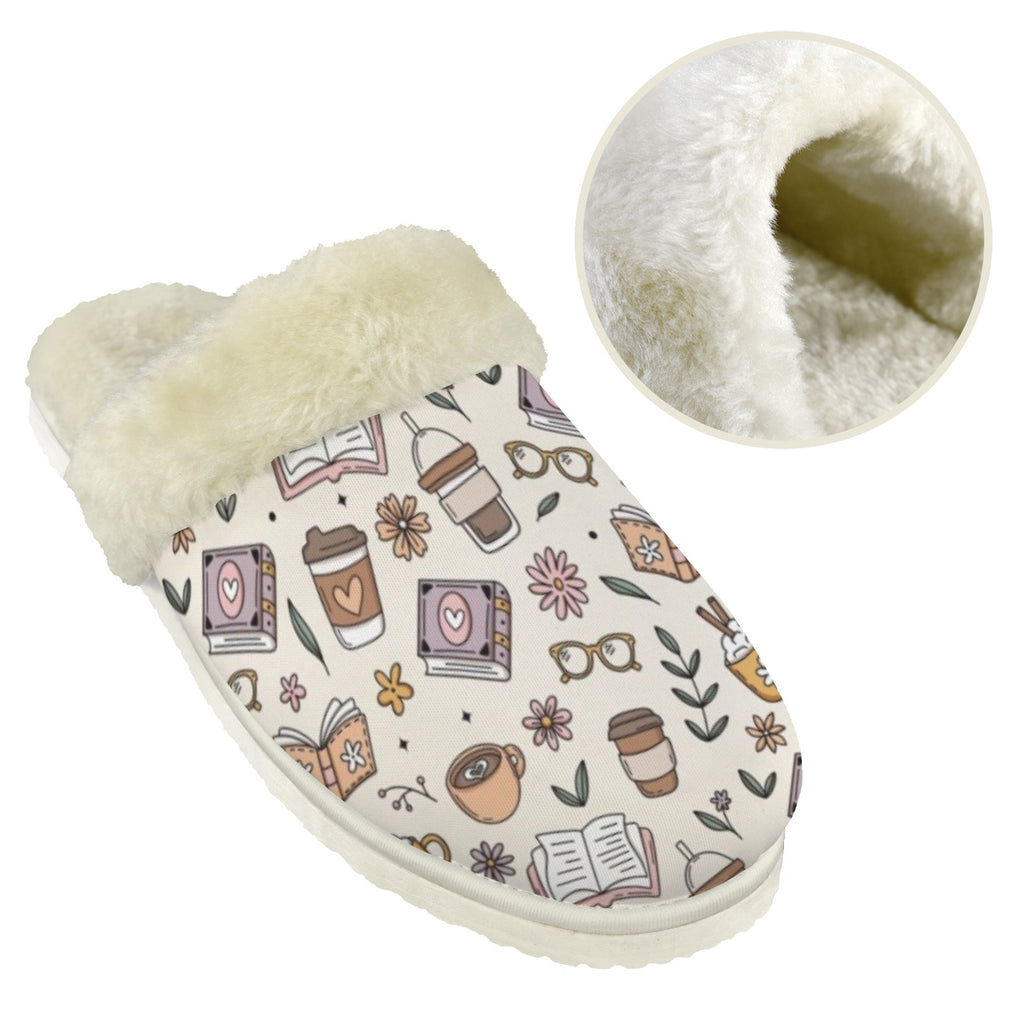 Books And Coffee Women's Fur Trim Thick-Sole Indoor Slippers Women's Fur Trimmed Slippers animal Printed Offshore Reading