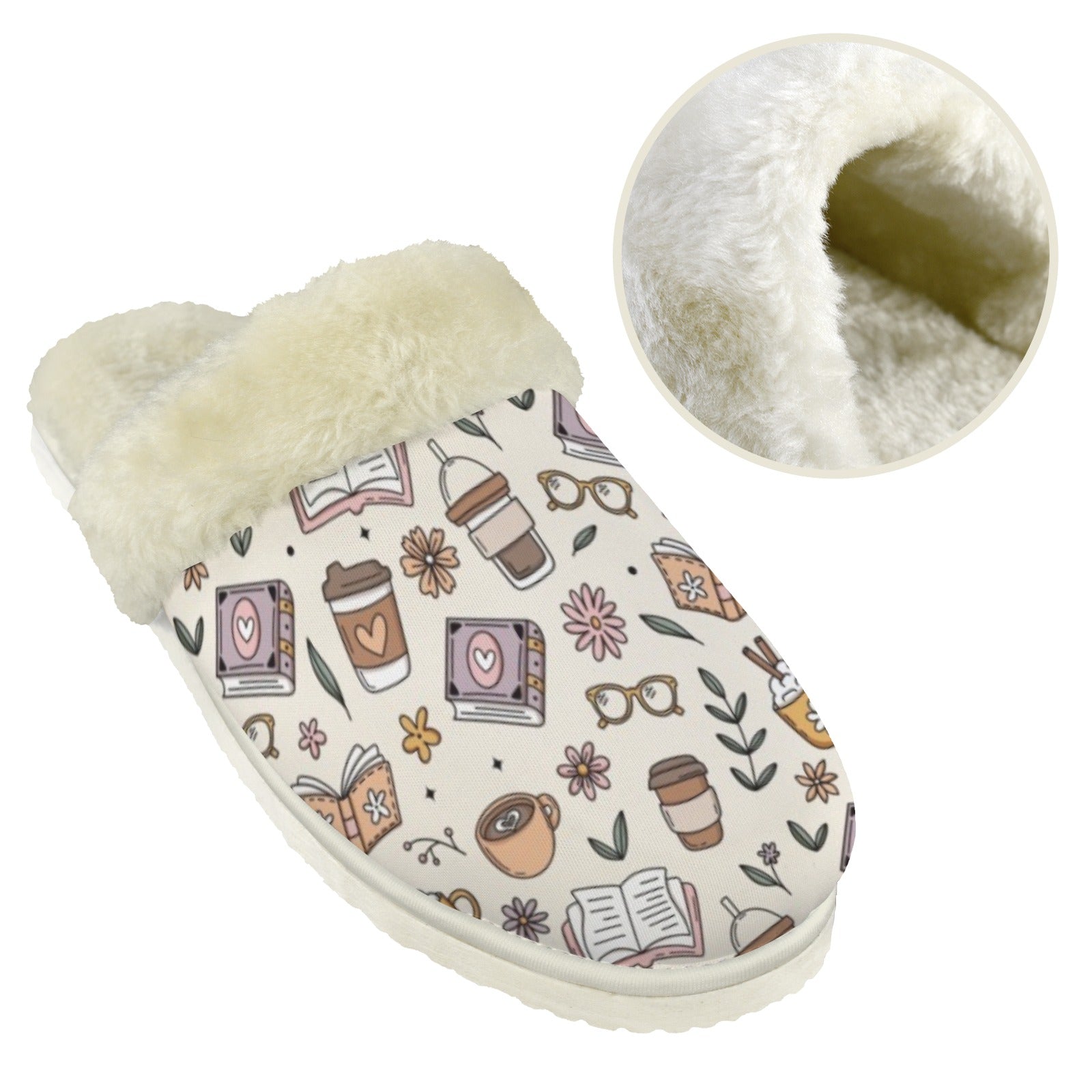 Books And Coffee Women's Fur Trim Thick-Sole Indoor Slippers Women's Fur Trimmed Slippers animal Printed Offshore Reading