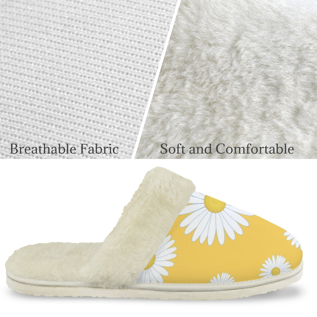 Daisies On Yellow Women's Fur Trim Thick-Sole Indoor Slippers Women's Fur Trimmed Slippers Plants Printed Offshore