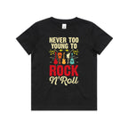 Never Too Young To Rock N Roll Kid's AS Colour T-shirt Black Kids Youth T-shirt Music Printed In Australia
