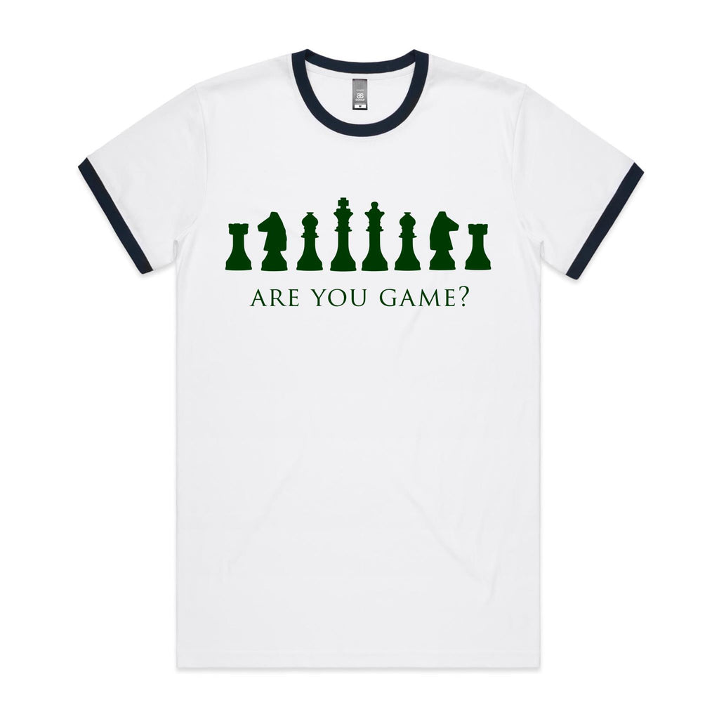 Are You Game, Chess - Staple Ringer Tee White Navy Ringer T-Shirt Chess Games Printed In Australia