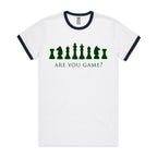 Are You Game, Chess - Staple Ringer Tee White Navy Ringer T-Shirt Chess Games Printed In Australia