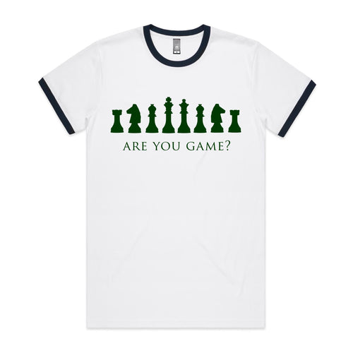 Are You Game, Chess - Staple Ringer Tee White Navy Ringer T-Shirt Chess Games Printed In Australia