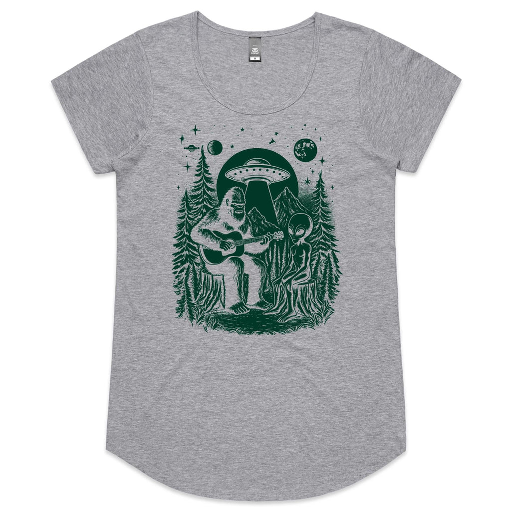 Alien And Bigfoot Playing Guitar - Womens Scoop Neck T-Shirt Grey Marle