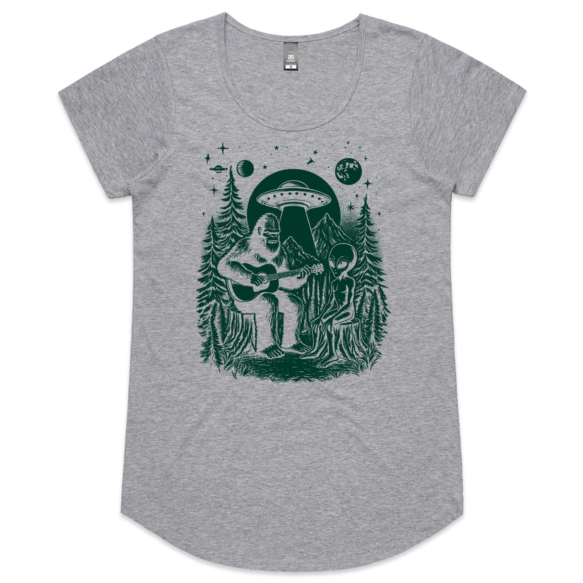 Alien And Bigfoot Playing Guitar - Womens Scoop Neck T-Shirt Grey Marle