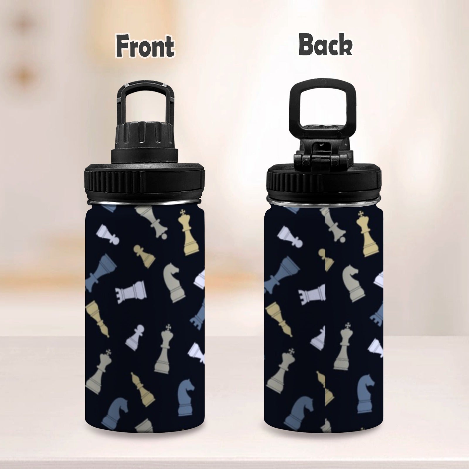 Chess Pattern - Kids Water Bottle with Chug Lid (12 oz) Kids Water Bottle with Chug Lid Chess Games Printed Offshore