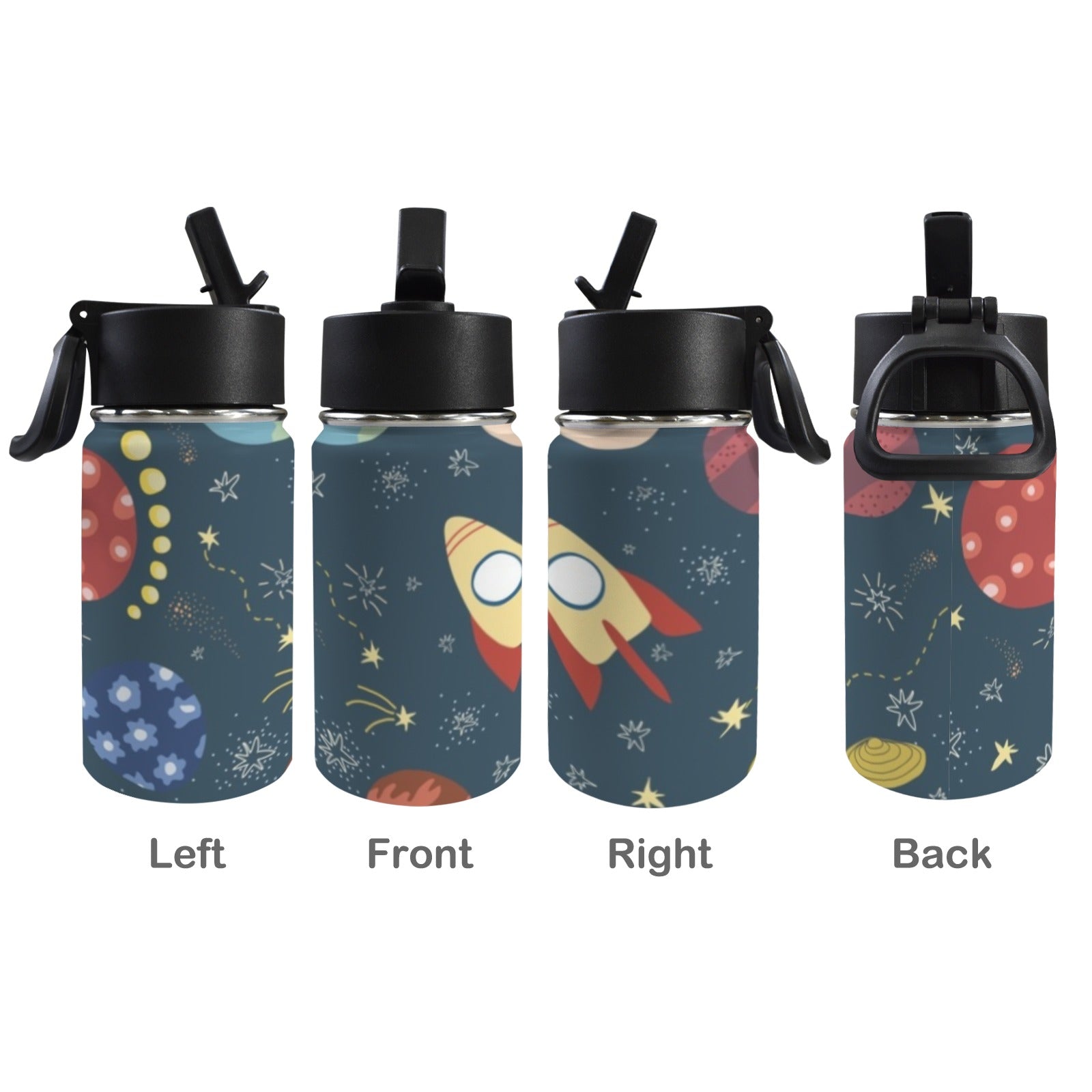 Rocket and Planets In Space 12oz Kids Water Bottle with Straw Lid