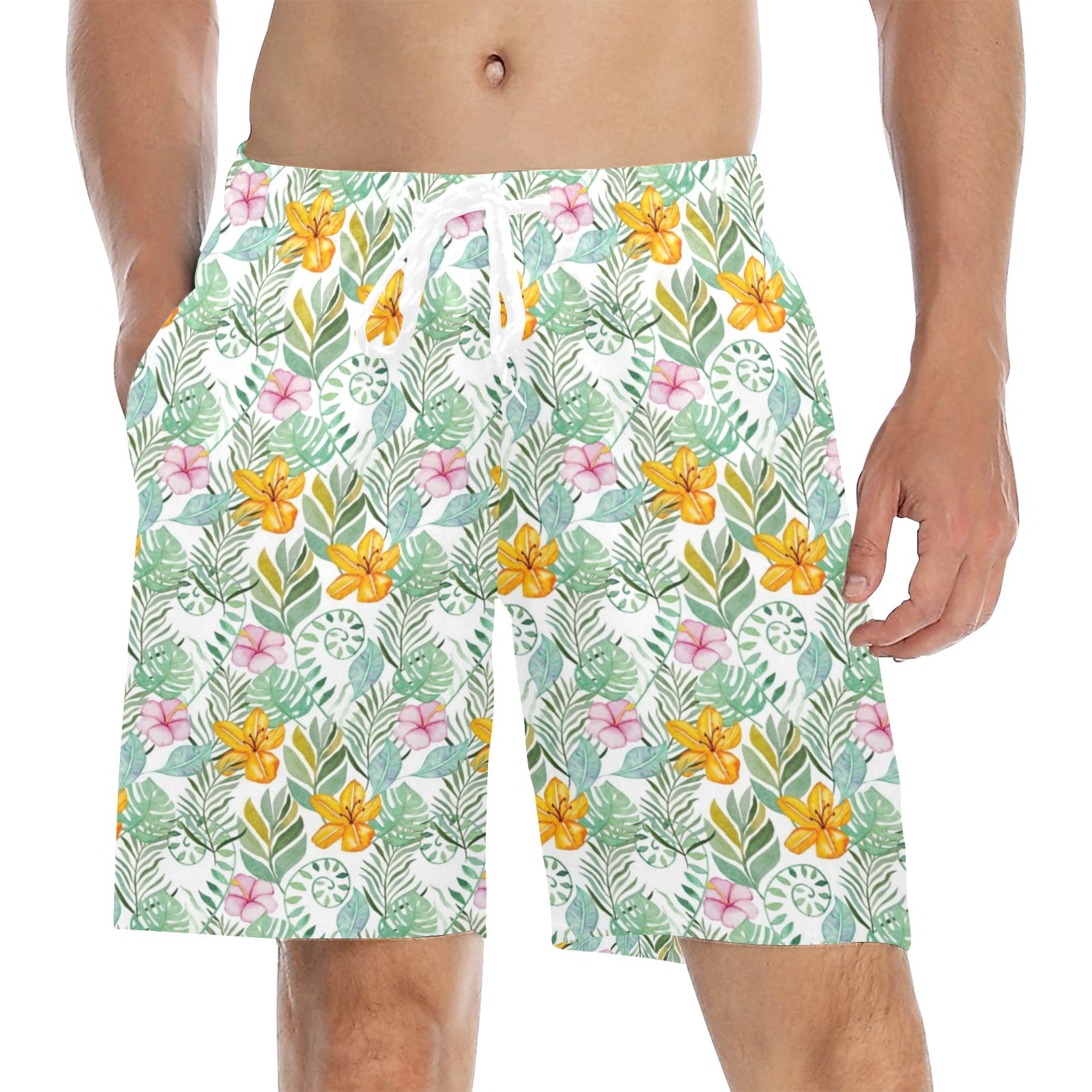 Tropical Flowers And Leaves Men's Mid-Length Beach Shorts 5XL Men's Mid-Length Beach Shorts Plants Printed Offshore
