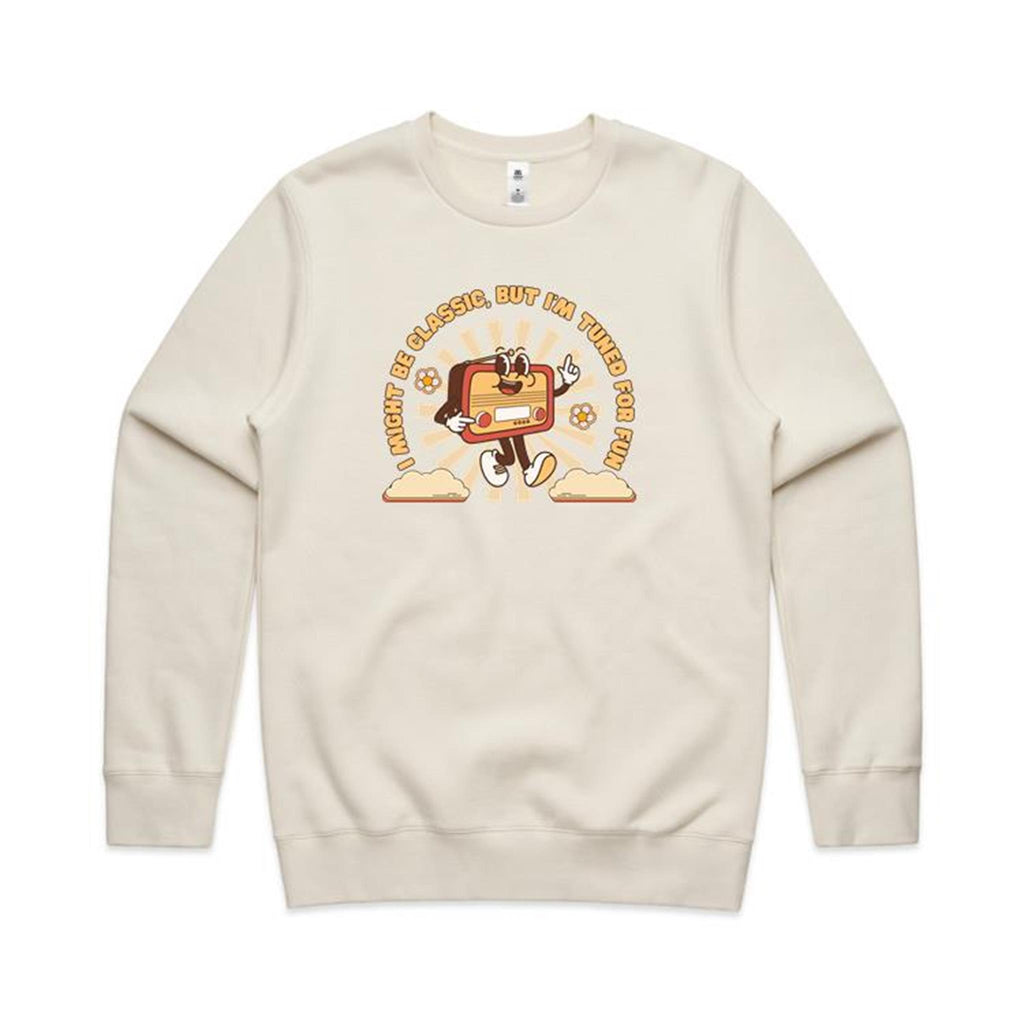Classic Radio, Tuned For Fun - AS Colour Stencil Crew Sweatshirt Ecru Sweatshirt Music Printed In Australia Retro